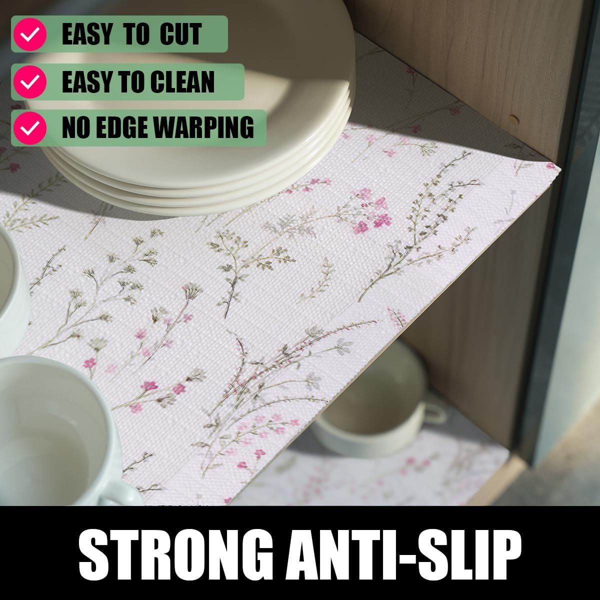 Floral Drawer and Shelf Liner for Cabinets 16IN x 20FT, Non-Adhesive and Strong Non-Slip Flower Shelf Cabinet Drawer Liners for Kitchen,Table,Bookshelves,Waterproof Cupboard Liner