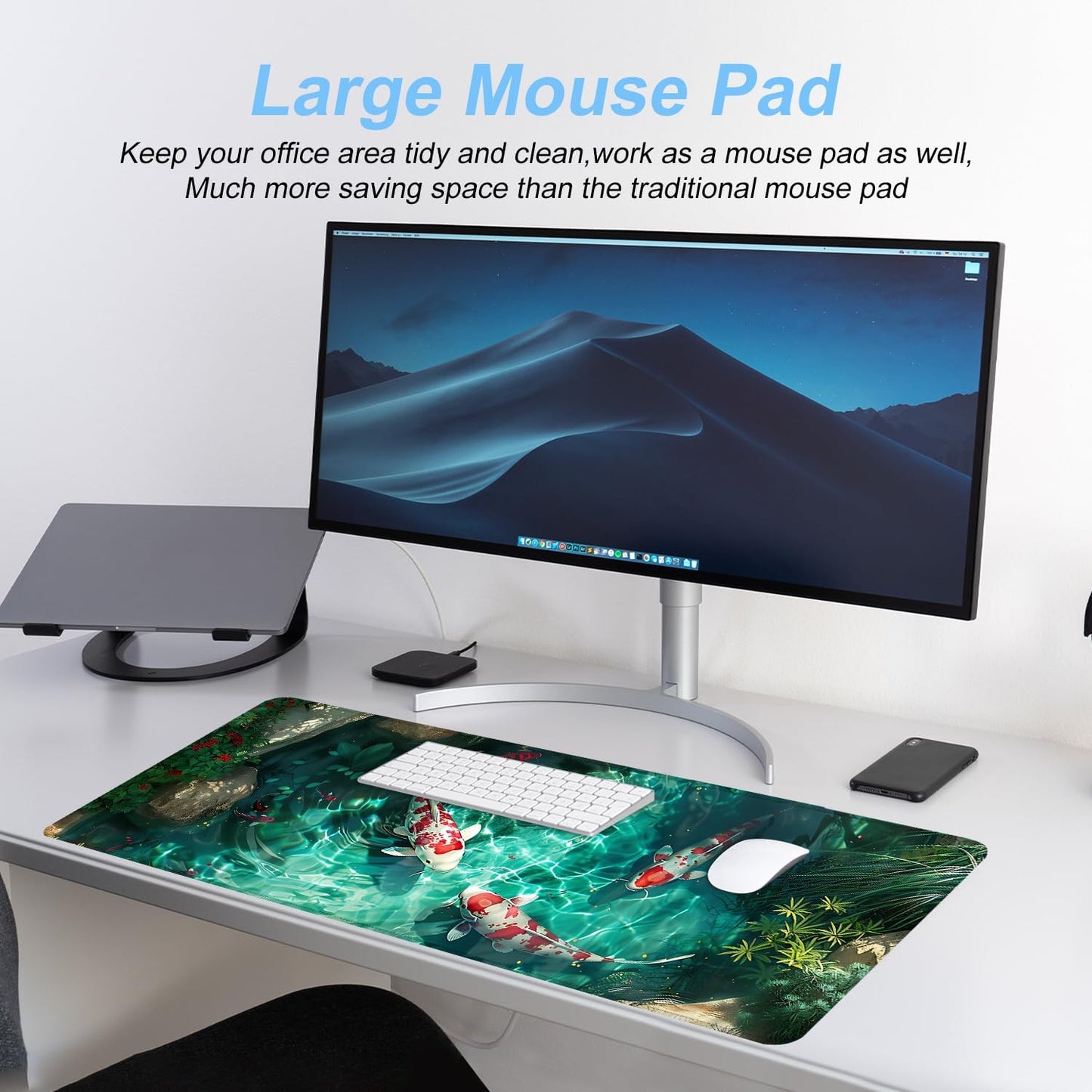Koi Fish Mouse Pad XXL – Large Japanese Pond Desk Mat with Water Reflection, Extended Non-Slip Gaming Mousepad for Office, Home, Laptop, Workstation, 31.5 x 11.8 in