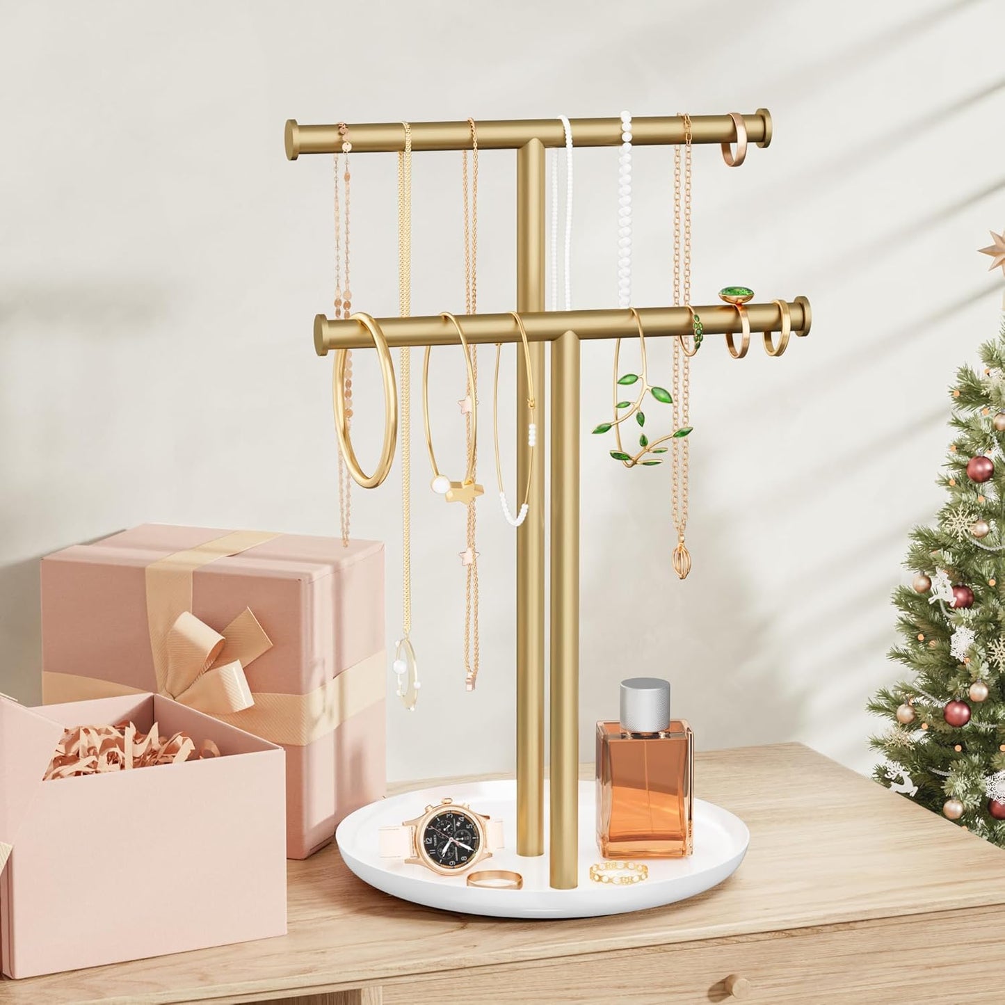 Gold Necklace Rack Stand with Storage Tray - 2 Rods T-Shaped Jewelry Holder Stand for Bracelets, Earrings, Rings | Elegant Vanity & Dresser Top Storage for Women.