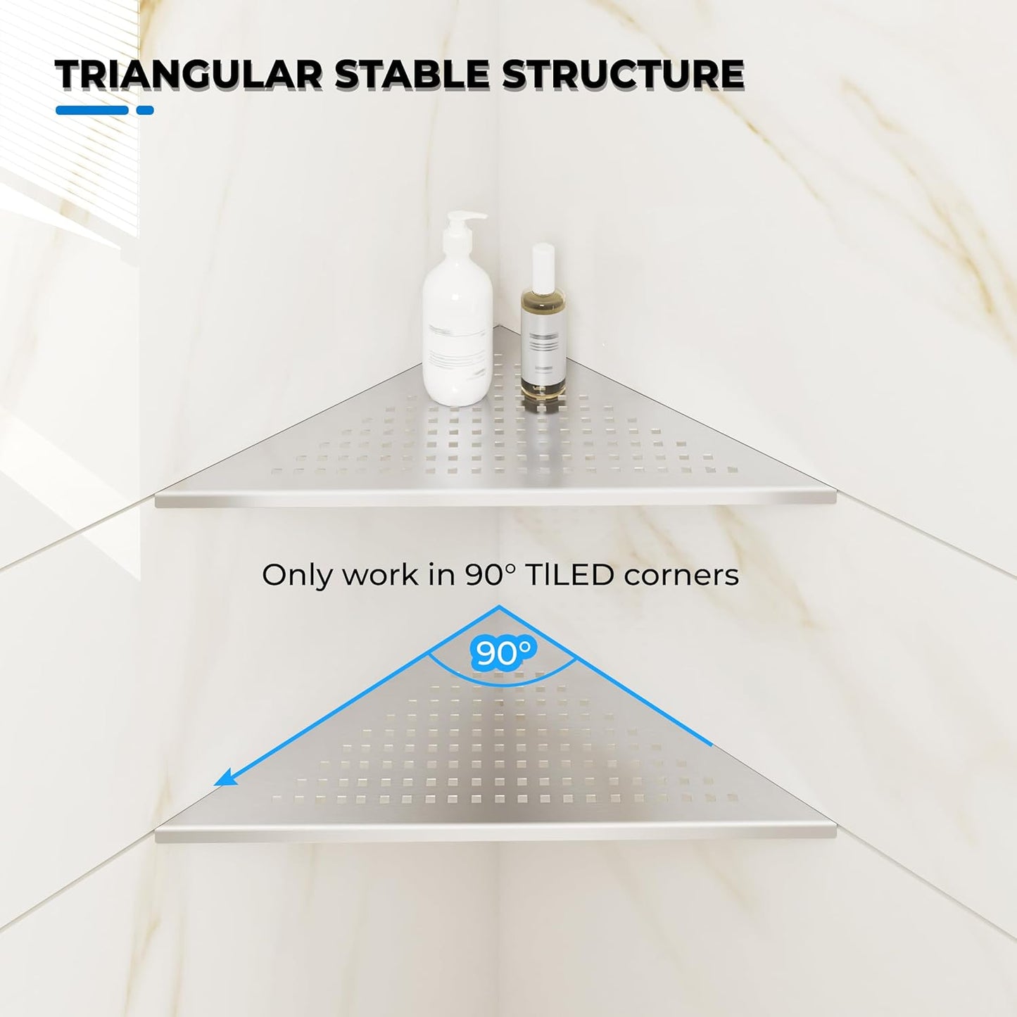 FerdY 2-Pack 10" Brushed Nickel Recessed Corner Shower Shelf, for Tiled Bathroom Walls, 304 Stainless Steel Floating Shower Shelf, Shower Caddy Storage Shelves, No Drilling Required, Point Triangle