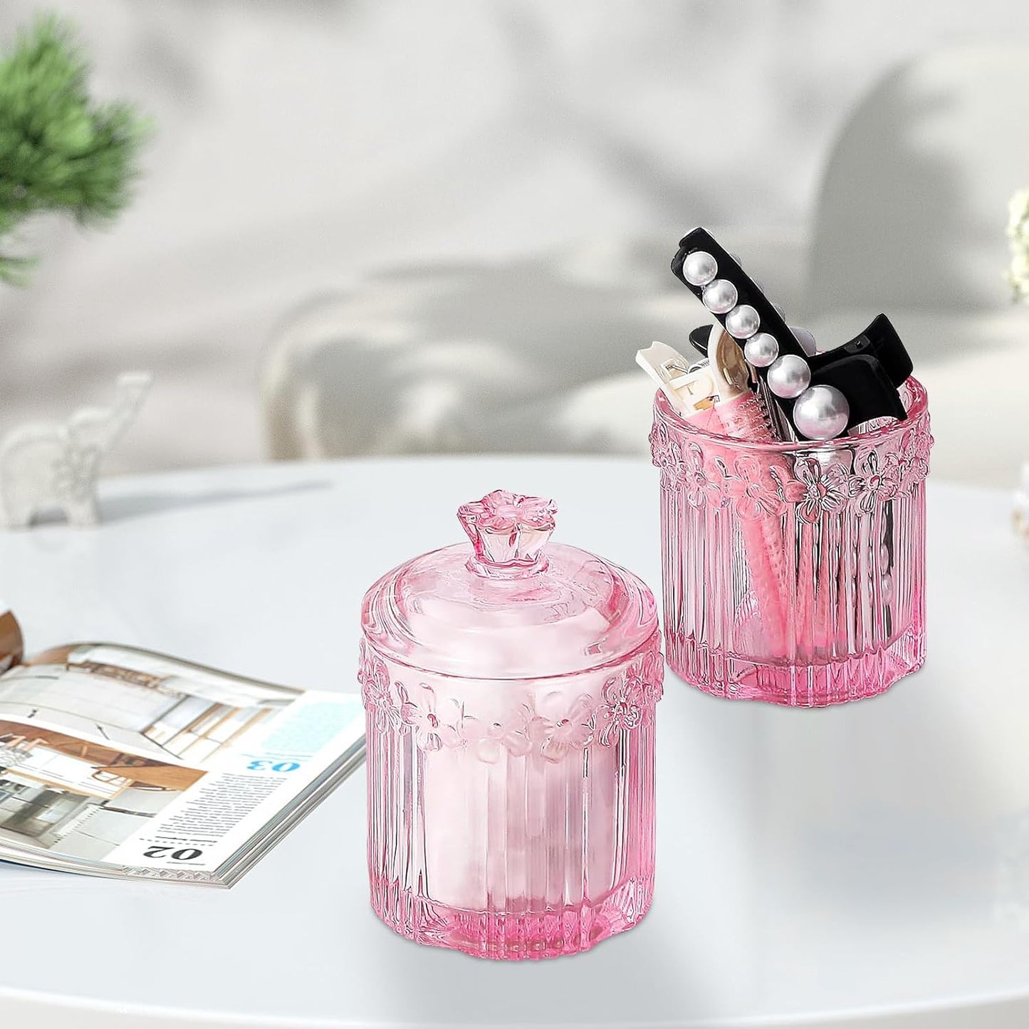 Pink Qtip Cotton Ball Hair Ties Candy Holder Makeup Storage Bathroom Accessories Organizer Thick Glass Apothecary Jars with Lid, 2pcs