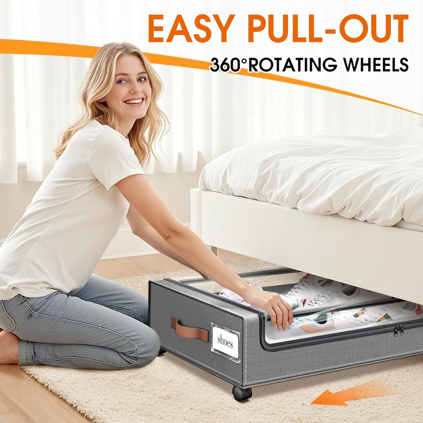 Under Bed Storage with Wheels 2Pack Underbed Storage with Clear Window&Label Under Bed Drawers Large Capacity Rolling Under Bed Storage for Clothes,Shoes, Blankets (Light Grey)
