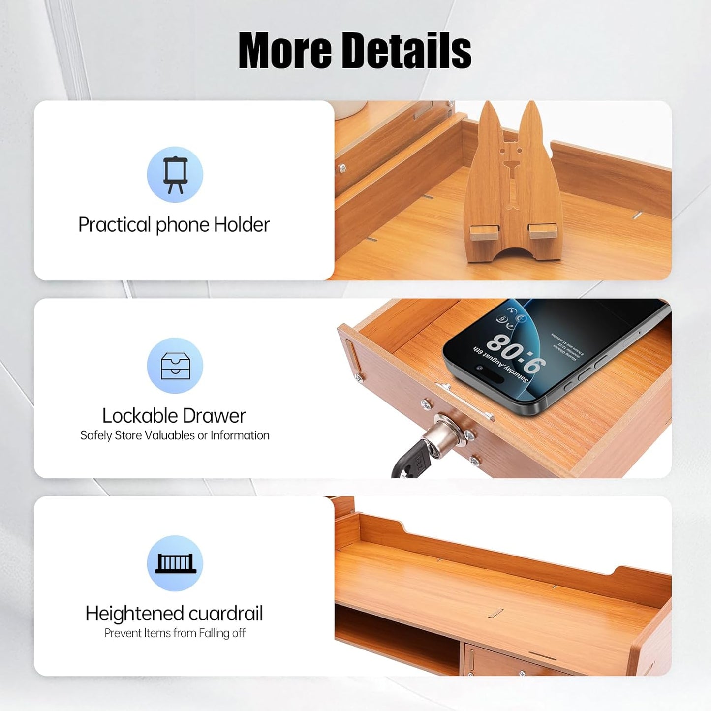 Wood Monitor Stand Riser with 3 Drawers & Lockable Storage – Desktop Organizer for Computer, Laptop, and Office Supplies, Ergonomic Monitor Stand for Desk, Workspace Organizers & Accessories