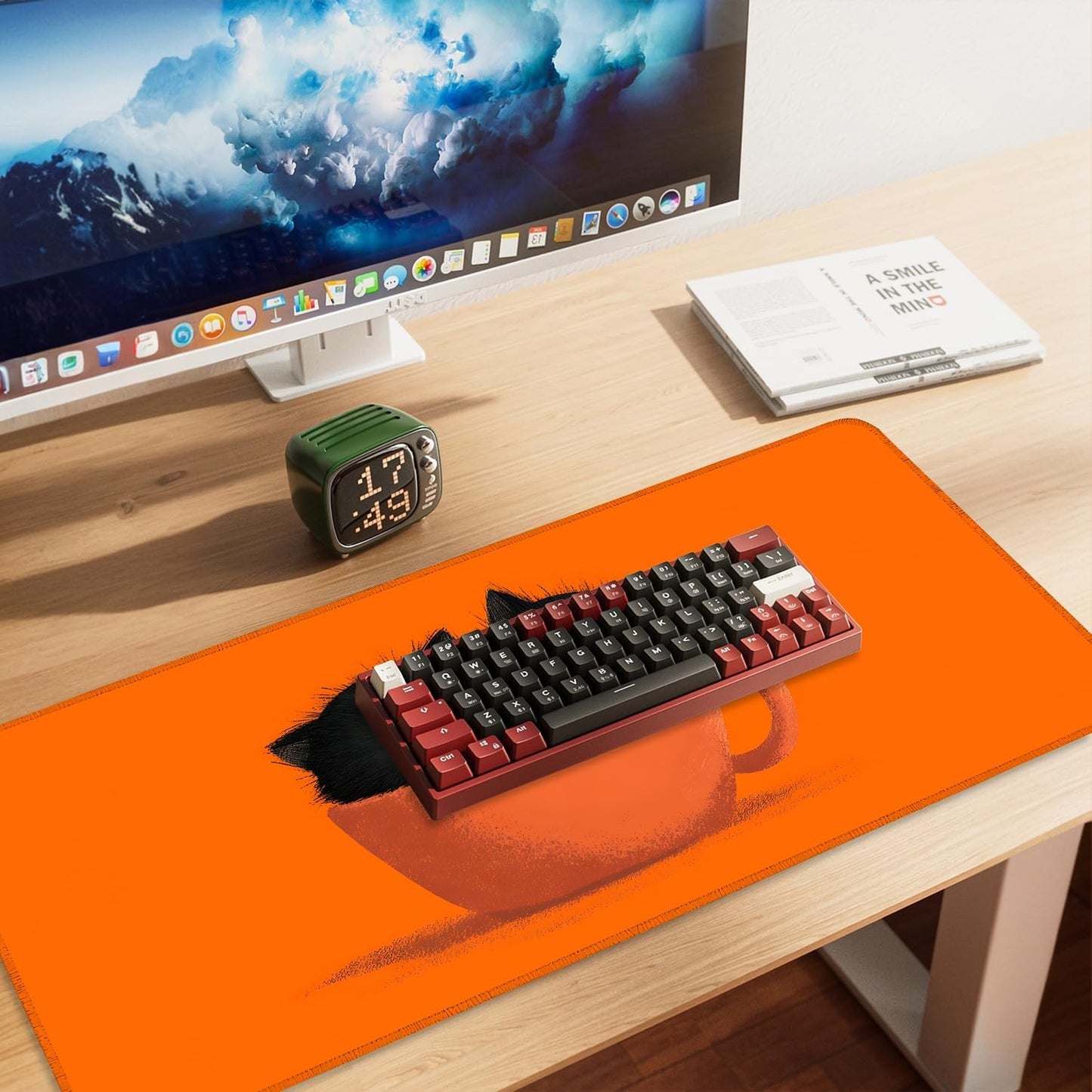 Large Cute Black Cat Mouse Pad, Extended Desk Mat with Non-Slip Base – 35.43 x 15.75 in – Cartoon Kittens in Orange Cup Design, Stitched Edges, Waterproof Gaming Keyboard Pad for Office & Home