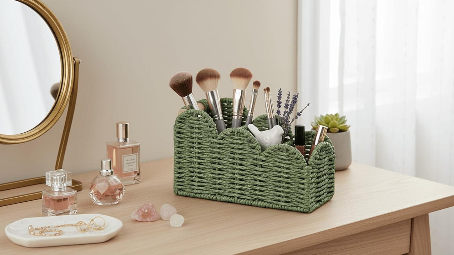 CubesLand Scalloped TV Remote Control Holder Bedside Candy Organizer, Office Desk Storage Organizer Accessories, Pen Pencil Cup, Makeup Brush Holder, Fits Farmhouse Rustic Decor, Earth Friendly, Green