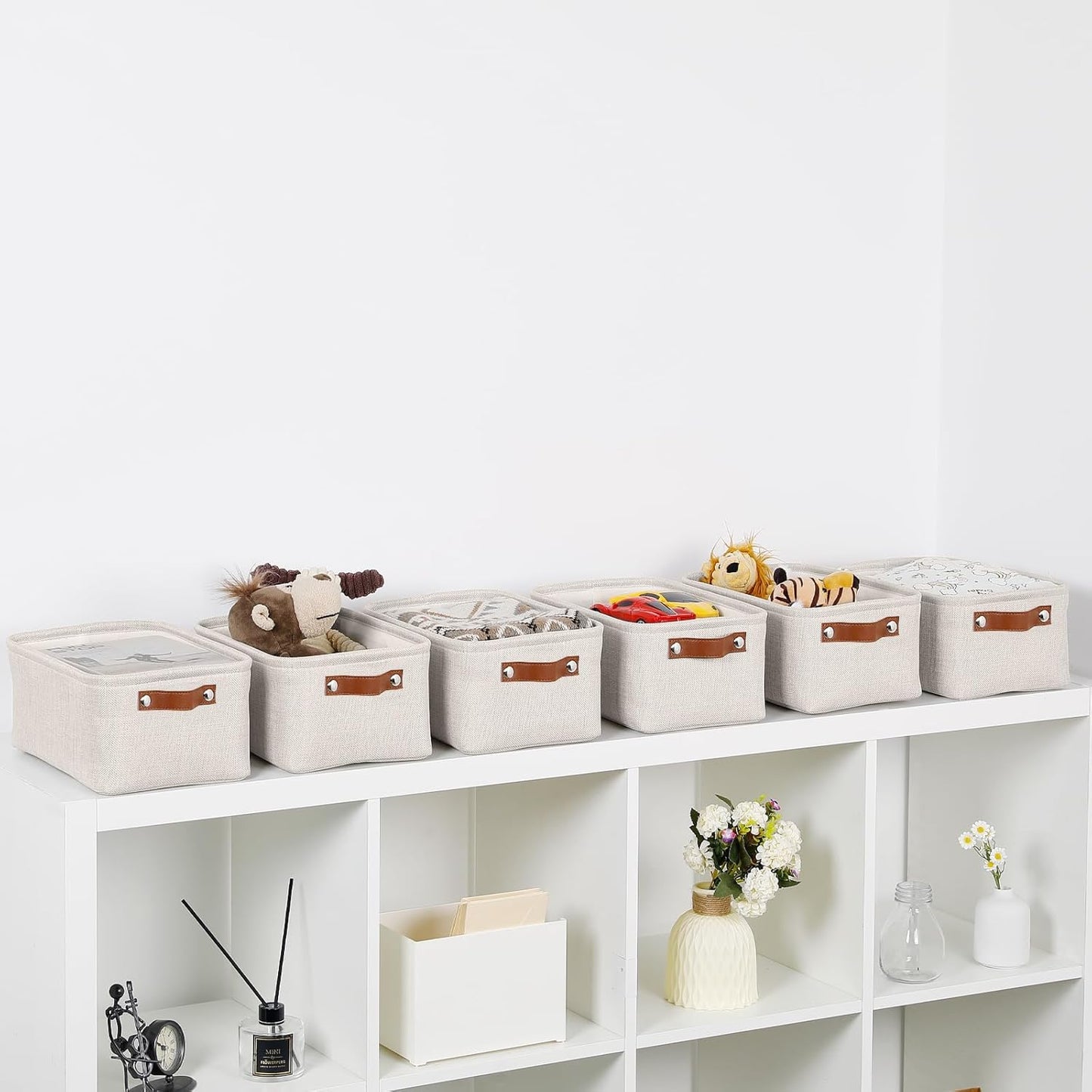 HNZIGE Fabric Storage Baskets for Organizing Small Storage Baskets for Shelf,6 Pack Shelf Baskets for Storage with Leather Handles, Foldable Baskets for Organizing Clothes(Cream 11.8" x 7.8" x 5.1")