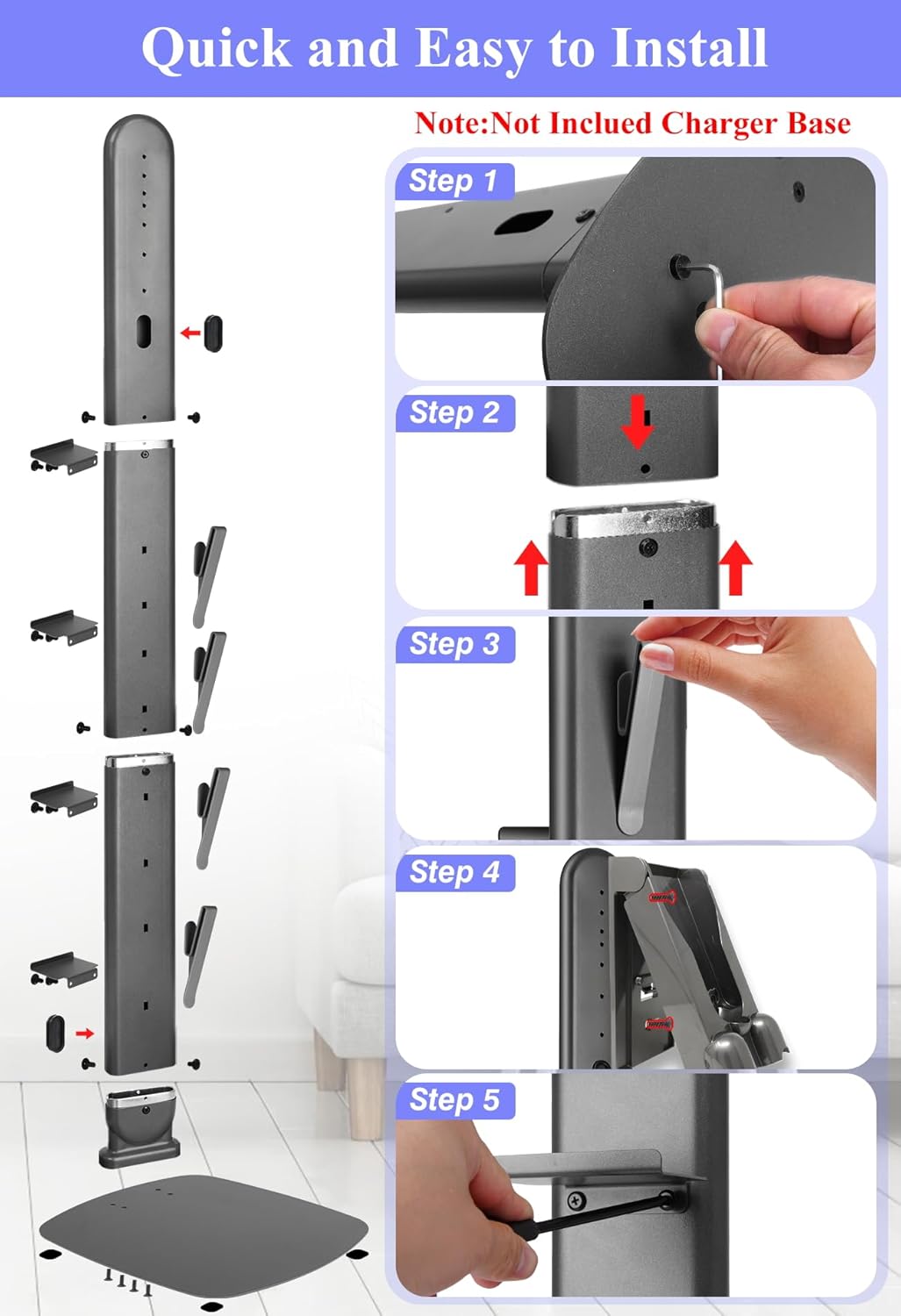 Haturi Premium Vacuum Stand for Dyson Gen5 V15 V12 V11 V10 V8 V7 V6, Metal Attachment Holder with 4 Hooks & 4 Shelves, Hidden Cord Design, Space-Saving Storage Organizer for Dyson Cordless Vacuums