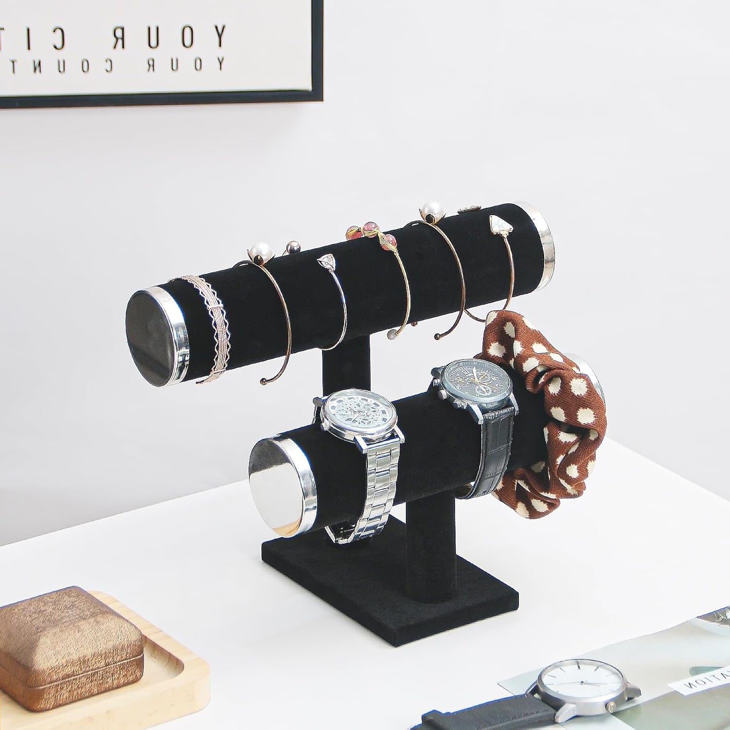 2 Tier Bracelet Holder Stand, Bangle Watches Display, Velvet Bracelet Jewelry Storage Organizer Rack, Hairband Scrunchie Show Tower Shop Selling or Home Use (Black)