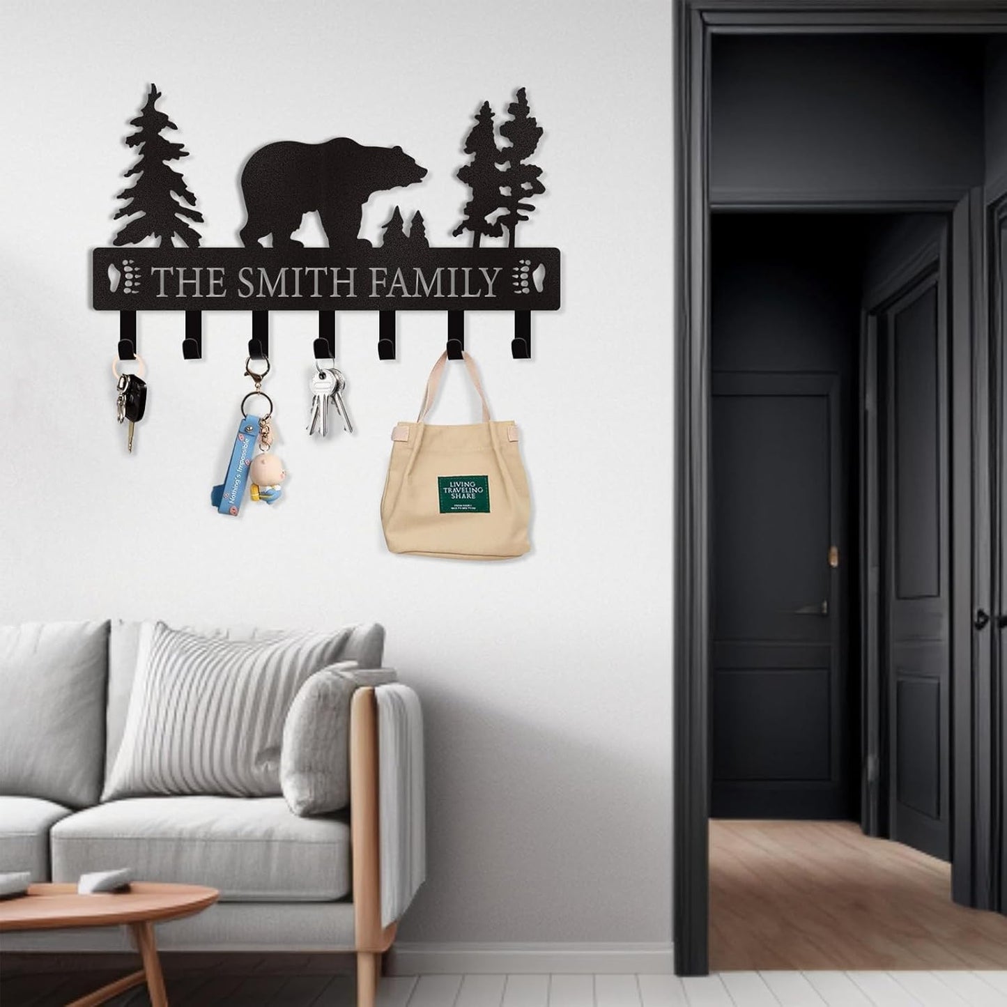 Personalized Key Holder for Wall, Custom Metal Black Bear Coat Hook Key Holder with Name, Metal Key Rack Hanger Organizer for Entryway, Front Door, Hallway, Kitchen, Office Decor