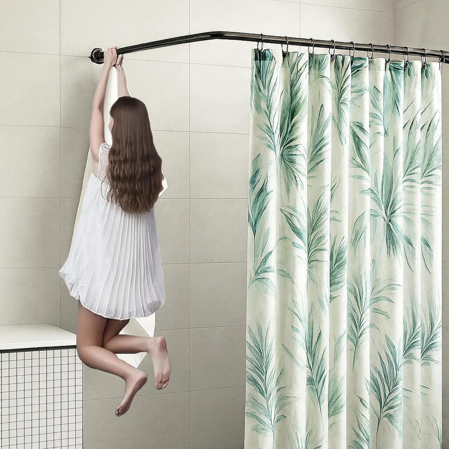 L-Shaped Corner Shower Curtain Rod, 「Black 24"-53" x 24"-53"」 Adjustable, Unsagging, Drill-free Install,304 Stainless steel 90°Curved Rod, Max Size 24"-37" x 55.1 "-69" with 12 Hooks