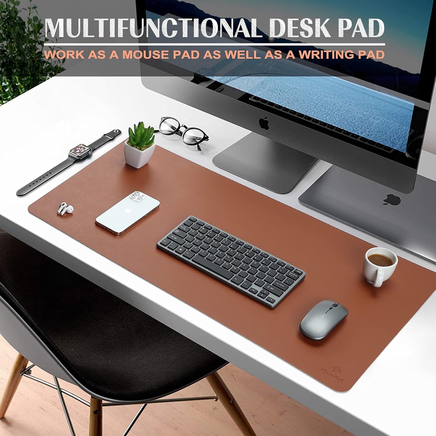 K KNODEL Small Office Leather Desk Mat, Mouse and Keyboard Pad, Computer and Laptop Mat, Desktop Protector and Cover, Writing Pad and Blotter (23.6"x13.8", Brown)