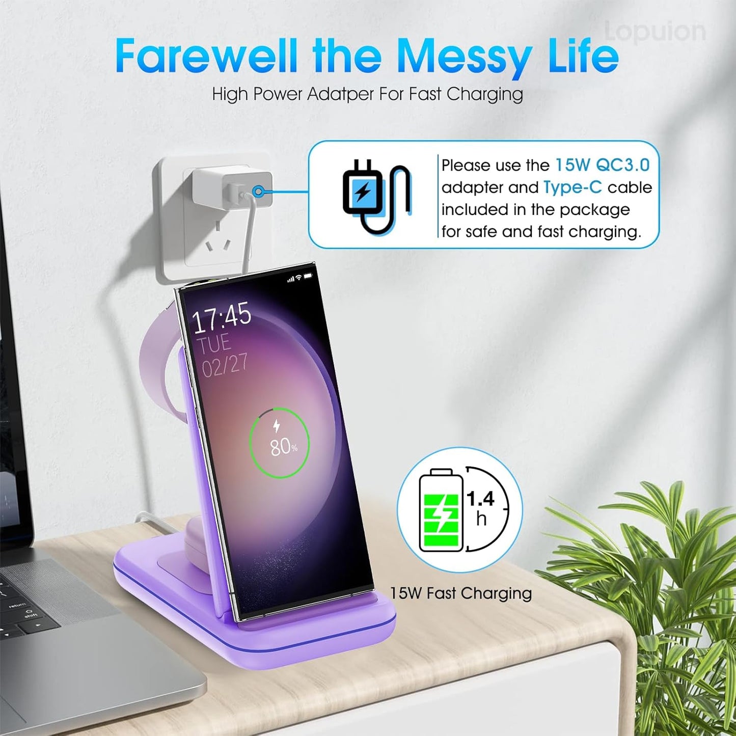 Wireless Charging Station for Samsung/Android, Fast Wireless Watch Charger Station Compatible for Samsung Galaxy S25 Ultra/S24/S23+/Z Flip 7/6 Fold 7/6, Watch8/7/Pro/Active 2 Galaxy Buds3/2 Pro(Purple