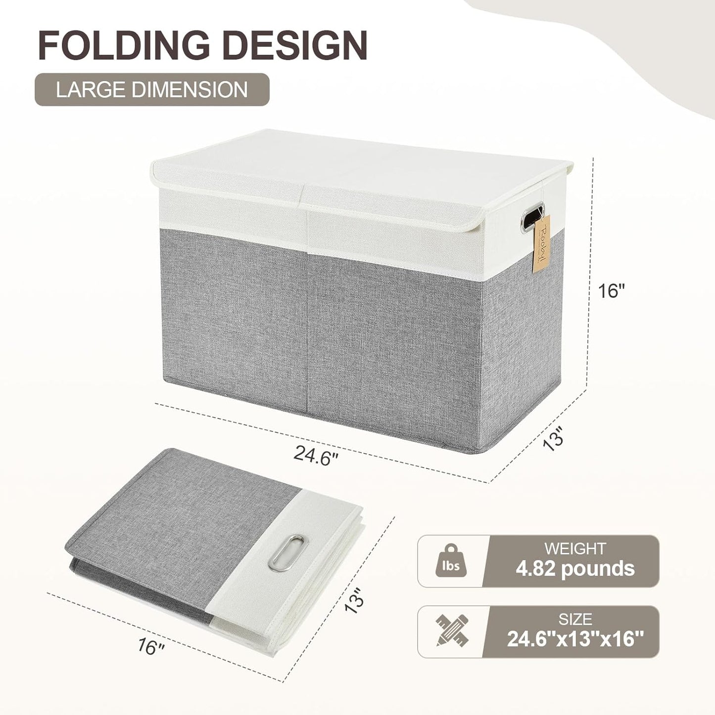 Large Toy Box with Flip-Top Lid, Collapsible Storage Organizer Bins with Dividers and Handles, Kids Bin Chest Baskets for Toys, Playroom Organizers, Nursery 25"x13" x16" (Gray & White)