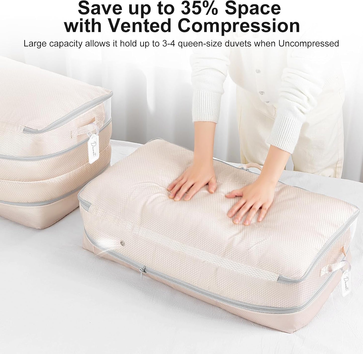 Comforter Storage Bag - Large Capacity Bedding Storage Bags Ultra Space Saving Self Compression Organizer, Washable Compression Bags for Storage Comforter Blanket Duvet Pillow, 6-Pack, Beige