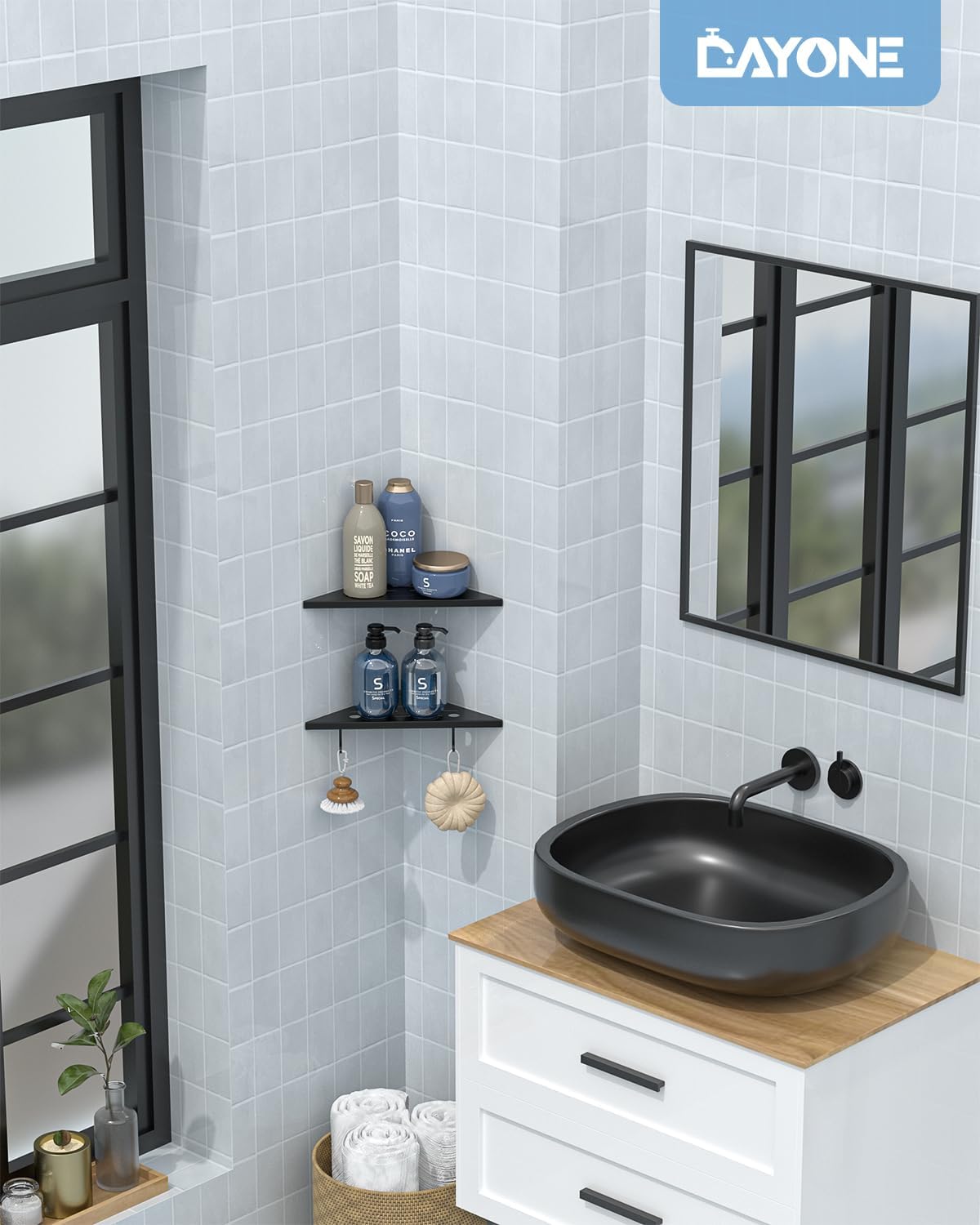 DAYONE Matte Black Corner Shower Shelf 2 Pack 10", Bathroom Corner Shower Organizer Shelf for Tiled Wall, SUS304 Stainless Steel Slot Design Recessed Organizer Shelves with 2 Hooks and 4 Holes
