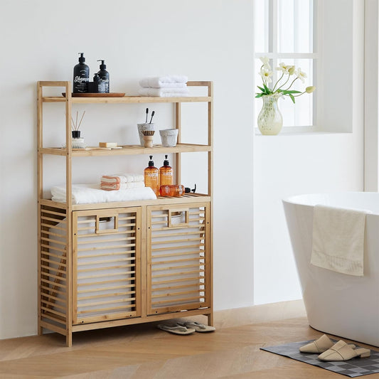 Double Tilt Out Laundry Hamper, Bamboo Hamper with 2 Removable Bags, Pull Out Laundry Hamper Cabinet, Bathroom Storage Shelf for Laundry Room, Living Room, Bedroom (3-Tier, Natural)