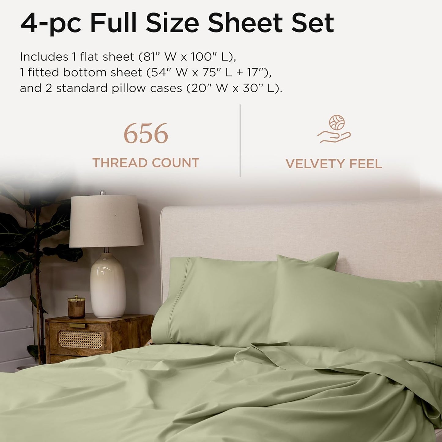 Threadmill Luxury Full Size Sheets | 656 Thread Count Certified Supima Cotton Sheets for Full Size Mattress | 5-Star Hotel Quality 4 Piece Bed Sheets with Extra Deep Pocket |Sage Green Sheet