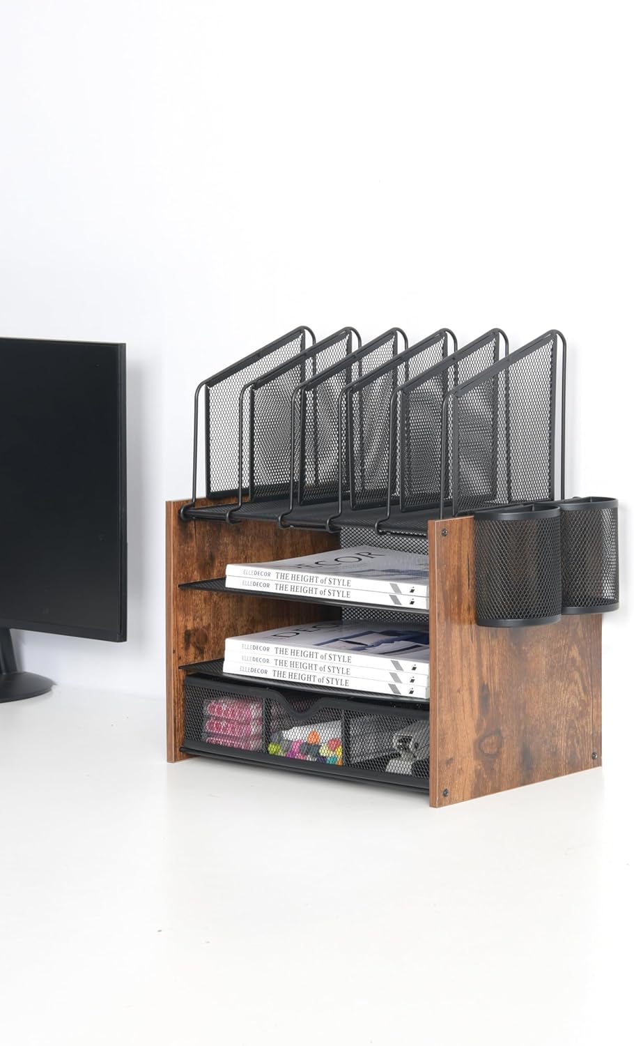 4-Tier Wood & Metal Desk Organizer – Vertical File Tray, Pen Holder & Drawer | Desktop Organizer for Home Office Supplies, Folders, Notebooks & Documents | Space-Saving Mesh Office Organizer