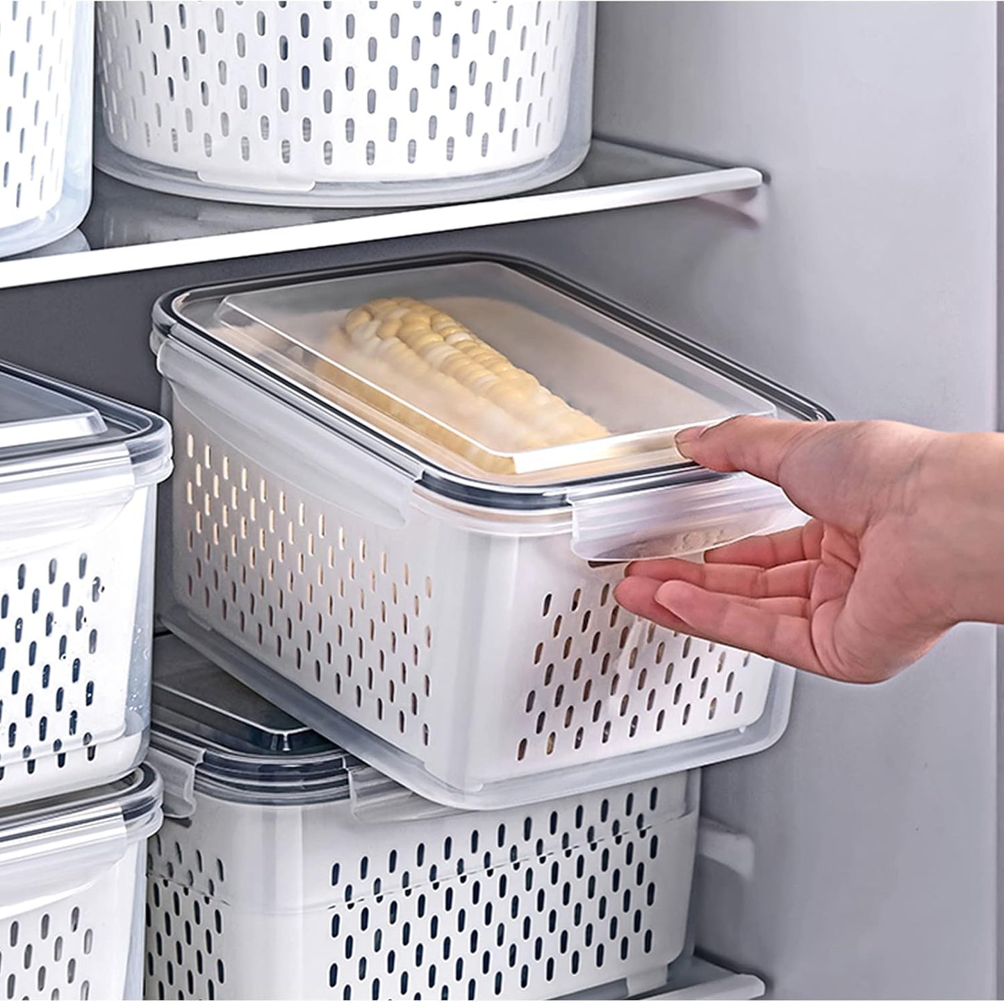4 Pack Large Fridge Food Storage Container Set with Lids with Strainer, Fruit Vegetable Storage Containers Keep Fruits, Vegetables, Berry, Meat Fresh longer , BPA-Free Plastic Produce Keepers