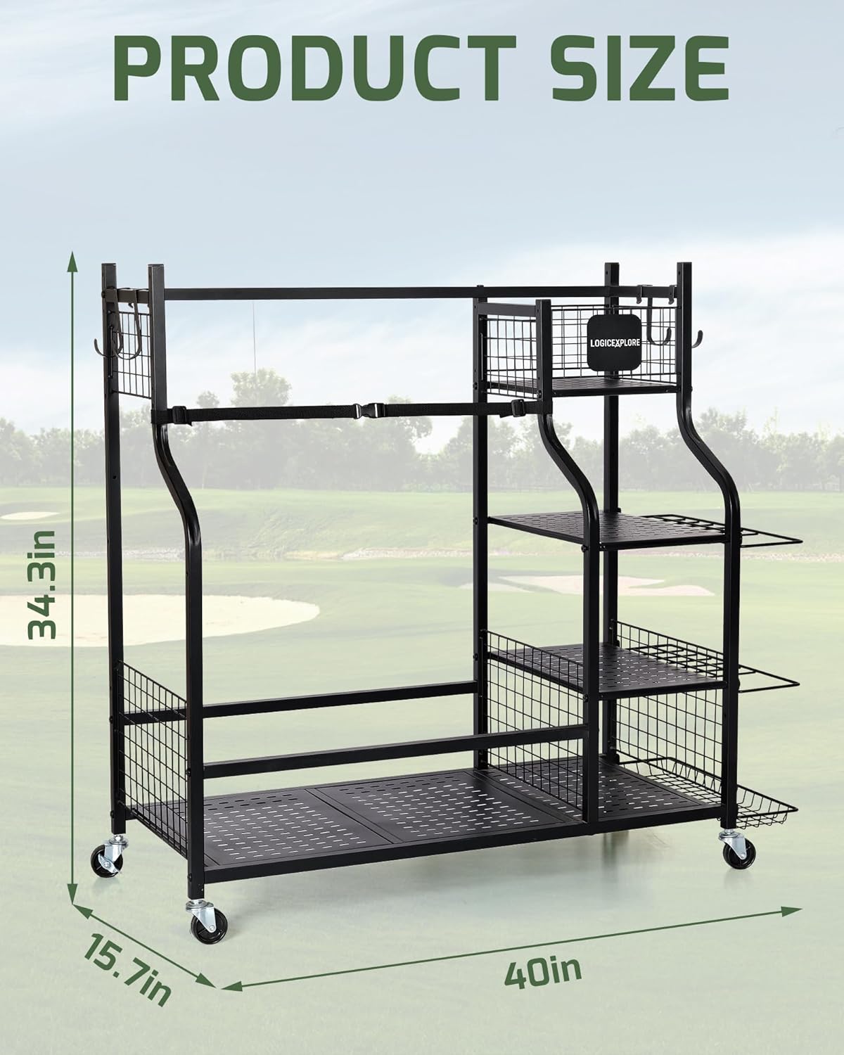 Golf Bag Storage Organizer Rack for Garage, 2 Golf Bag Stand with Rolling Wheels, Heavy-Duty Metal Golf Equipment Organizer for Home, Garage, Clubhouse