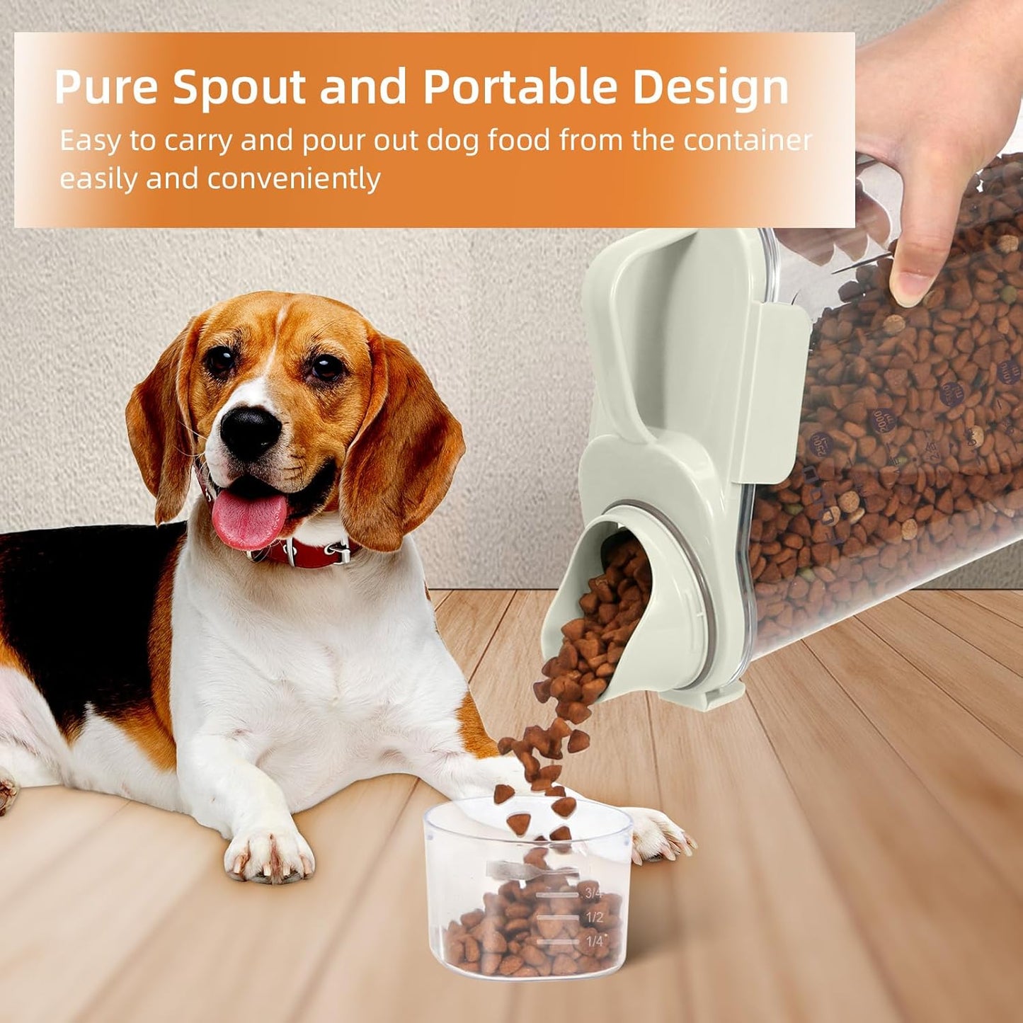 3-5 LBS Dog Food Storage Container Upgraded Large Nozzle BPA-free, Plastic Pet Food Storage Containers, With 4 Sealed Clasps, 1 Measuring Cup and Handle (2,Beige, 3L)