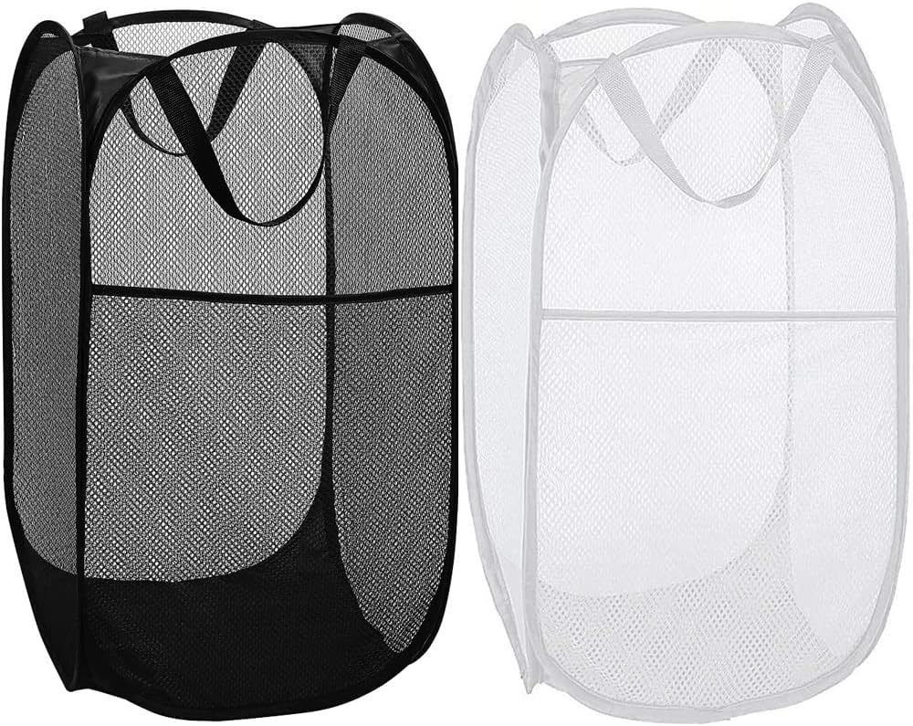 BATTOO Deluxe Strong Mesh Pop up Laundry Hamper Basket with Side Pocket for Laundry Room, Bathroom, Kids Room, College Dorm or Travel Black+White