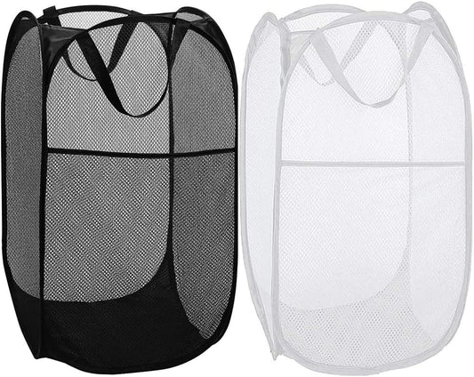 BATTOO Deluxe Strong Mesh Pop up Laundry Hamper Basket with Side Pocket for Laundry Room, Bathroom, Kids Room, College Dorm or Travel Black+White