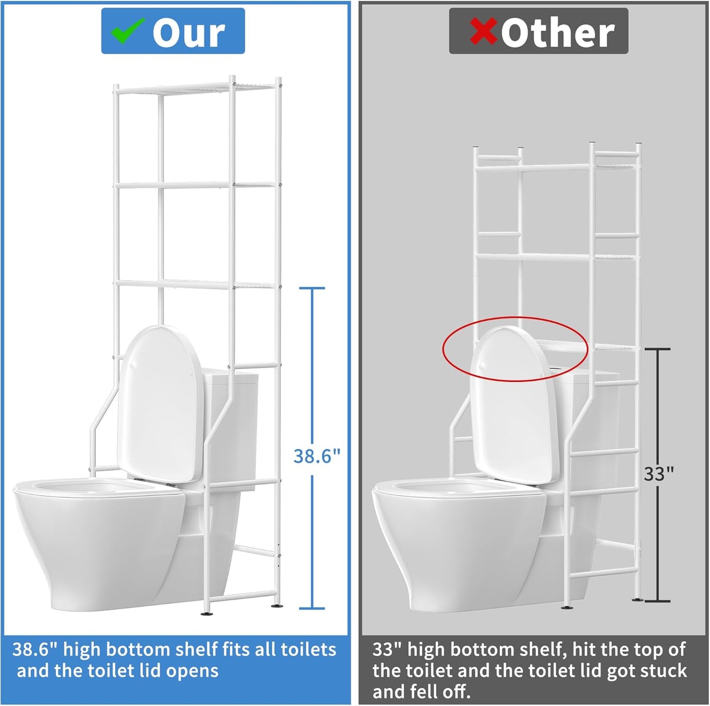3-Tier Over The Toilet Storage, Freestanding Metal Bathroom Shelves, Space Saver Above The Over Toilet Storage Shelf for Bathroom (White)