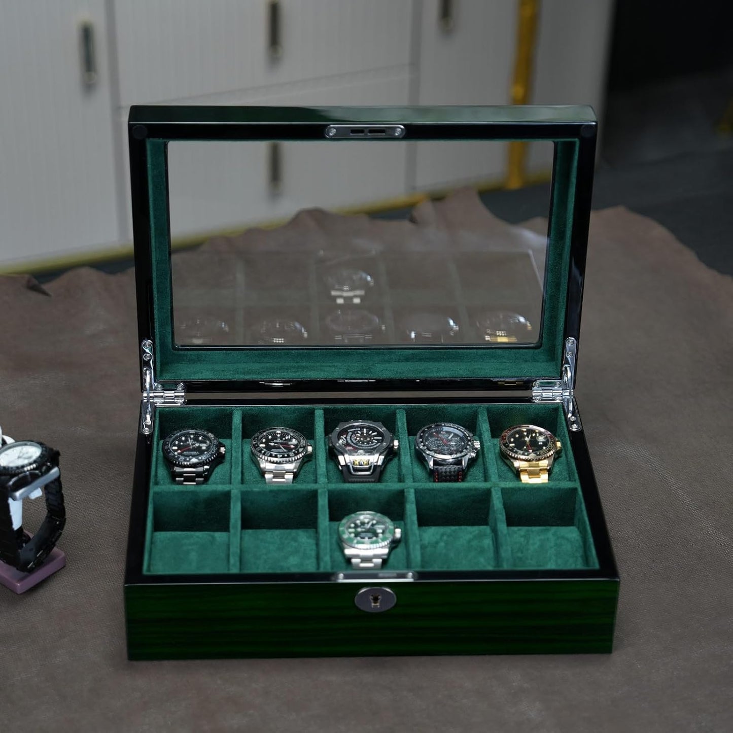 Watch Box for Men 10 Watches Storage Organizer Case, Smart Watch Display, Green Wood with Soft Suede Interior, Large Glass Window, Gift for Women and Man (10W-GR)