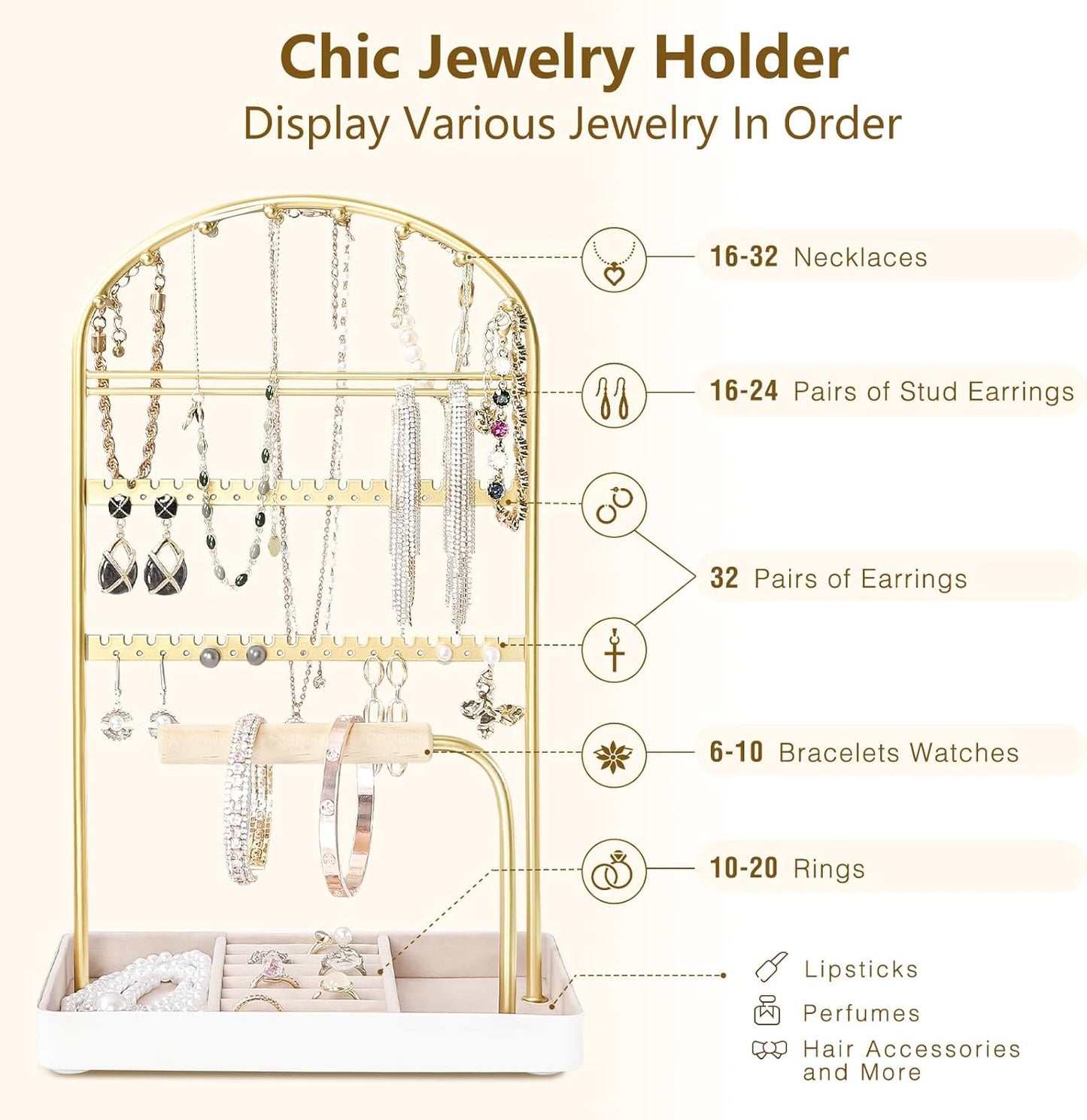 Multi-Functional Jewelry Holder Organizer Necklace Display Stand Velvet Lined Bar for Rings 2 Tier with 18 Hooks, 32 Earring Holes - Sturdy and Durable, Easy Organization White & Gold