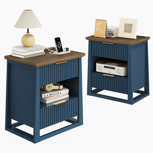 HIFYOBRO Fluted Nightstands Set of 2 with Charging Station & Motion Sensor Light, Modern Bedside Tables with 2 Drawers and Storage Shelf for Bedroom, Blue