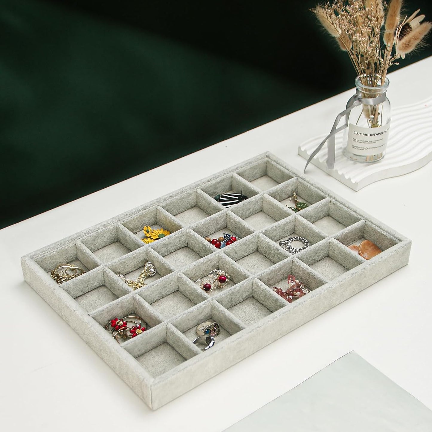 2pcs/Set Velvet Jewelry Tray, 24 Grids Large Storage Tray for Bracelet Bangle Beads Display, Jewellery Organizer Box Tray for Home Drawer or Shop Store Selling Show (Grey Velvet)