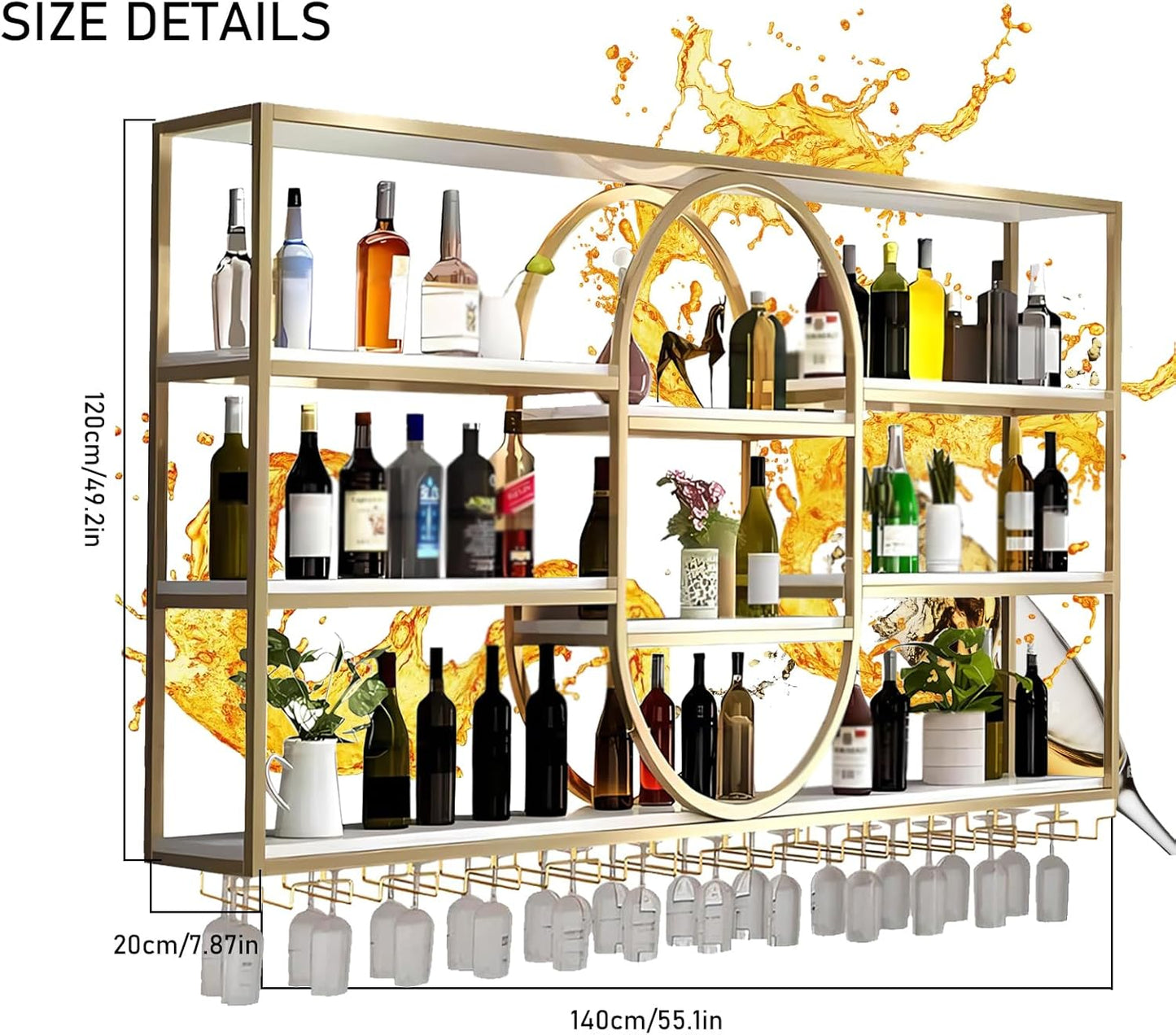 Large Wall Mount Wine Rack, Metal 4 Tier Large Capacity Hanging Bar Rack with Wine Glass Holder, Oval Wine Bottle Storage Display Rack for Kitchen, Living Room, Home (Gold, 140cm/55.1in)