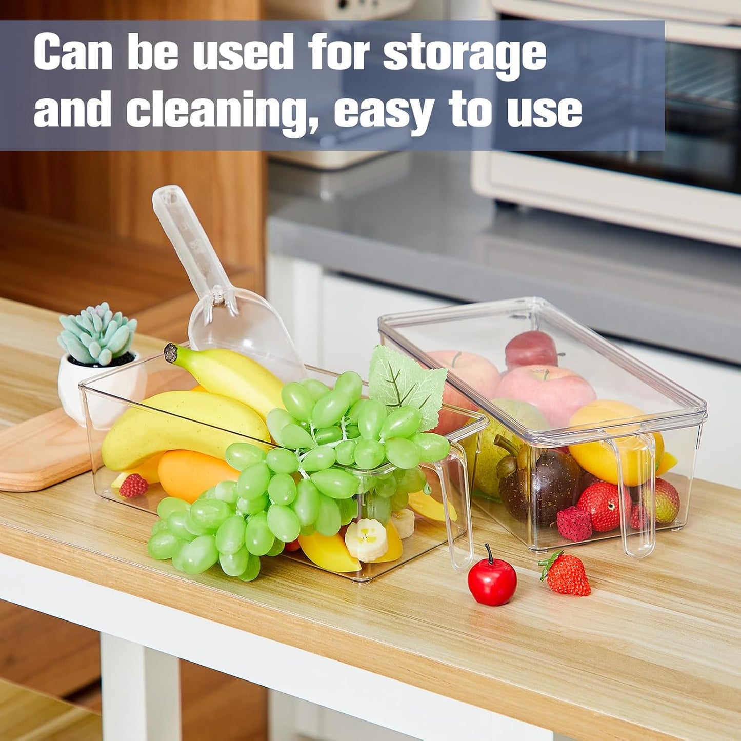 Havawish 4 Pcs Ice Storage Bin for Freezer with Lid and Flexible Scoop Set Plastic Ice Container with Lid Handle for Home Office Fridge Storage (12.4 x 5.91 x 3.94 Inches,Clear)