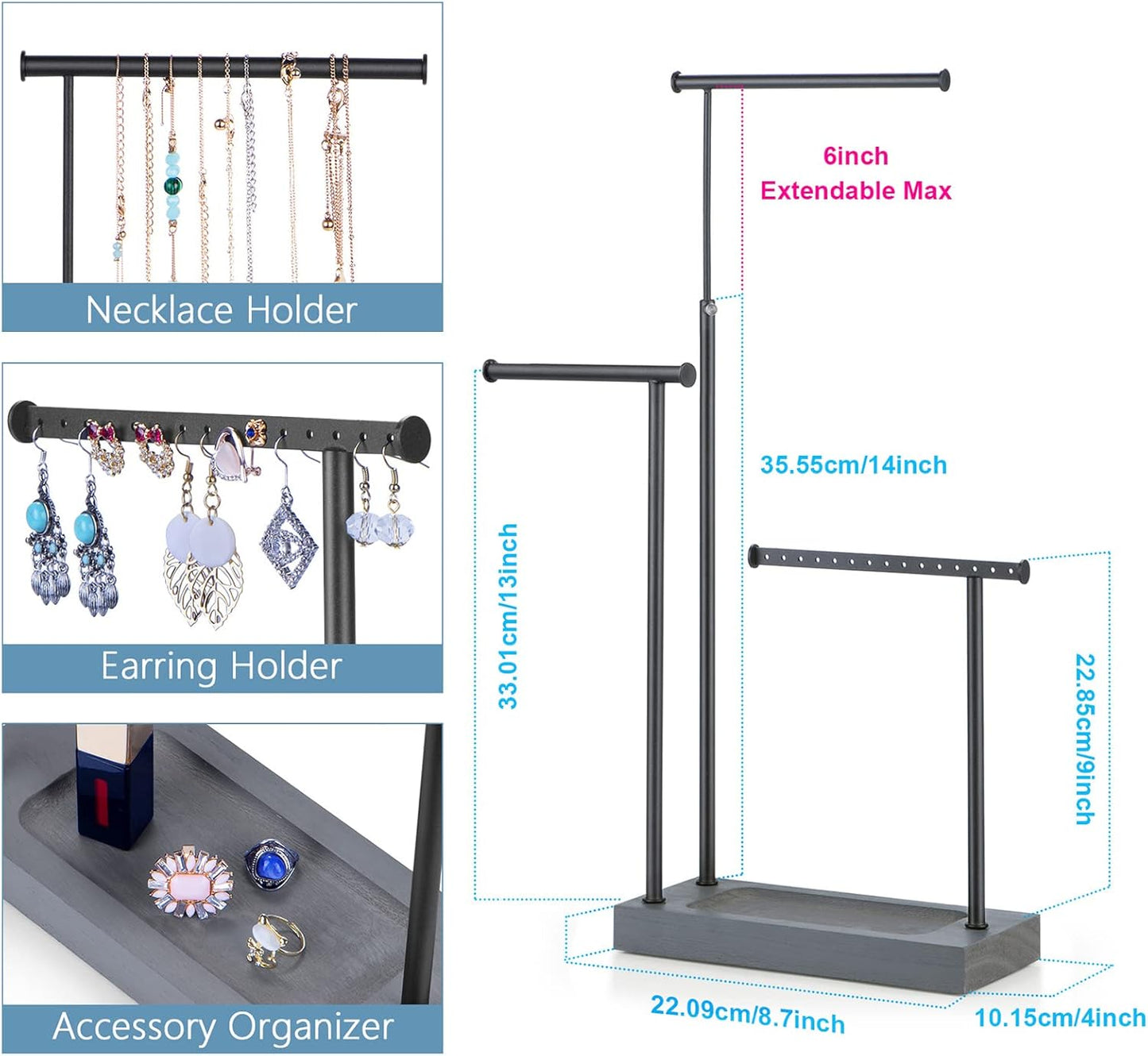 SRIWATANA Jewelry Organizer Display Extra Tall Necklace Holder 3 Tier Jewelry Tree Stand, Gift Idea (Weathered Grey & Black)