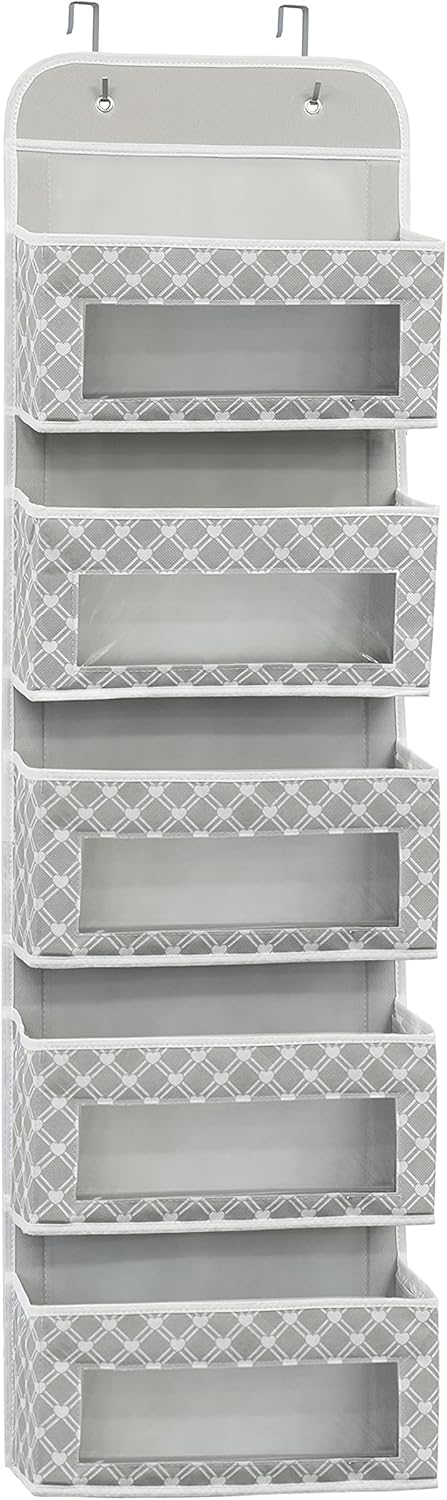 Simple Houseware 5 Clear Window Pocket Over Closet Door Storage Hanging Organizer for Bedroom, Bathroom, Pantry, Geometric Gray