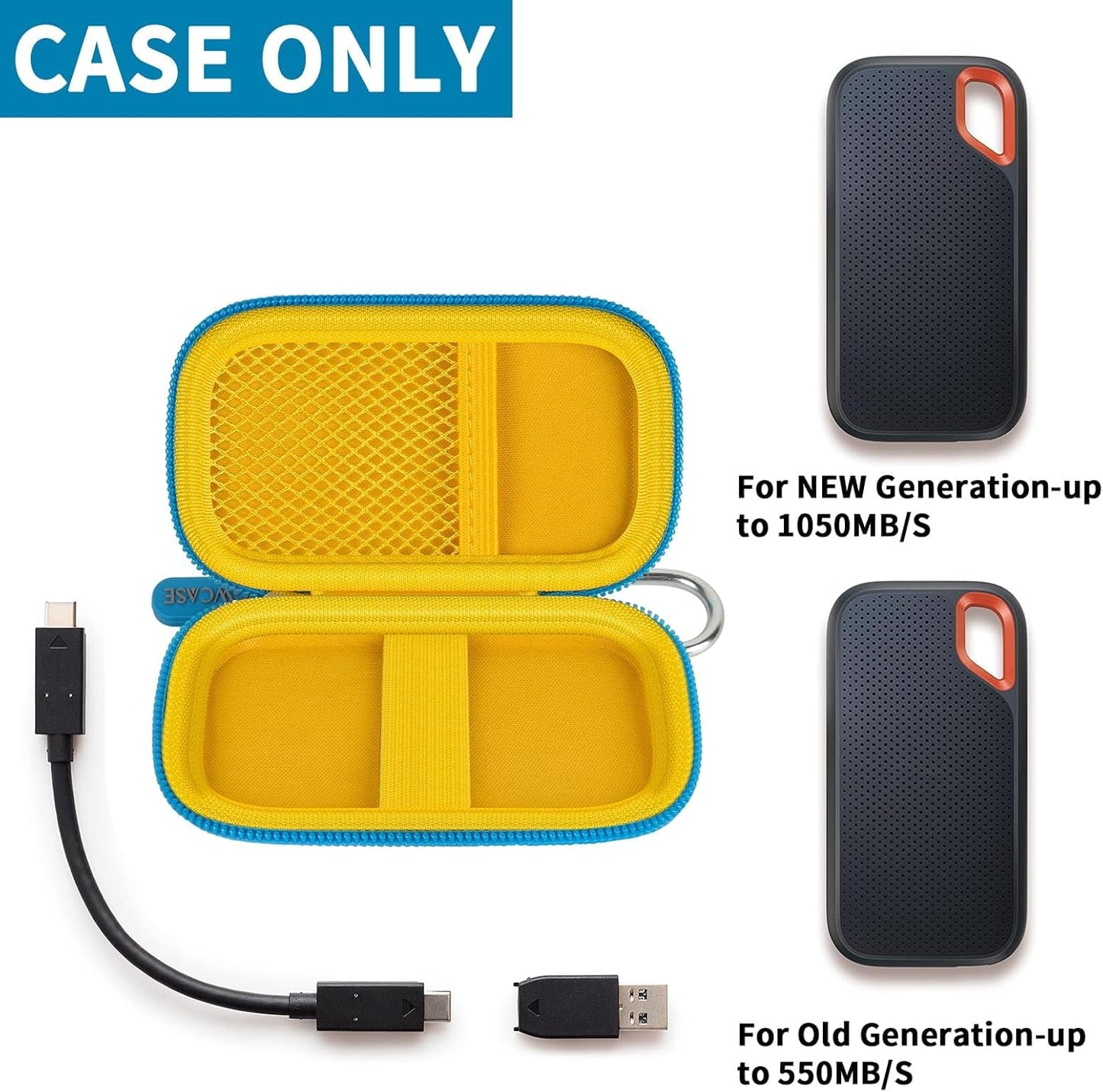 Hard Case Compatible with SanDisk 1TB 2TB 4TB 500GB 8TB Extreme Portable SSD - Up to 1050MB/s - USB-C, USB 3.2 Gen 2 External Solid State Hard Drive Storage Holder for Cables-Blue-Yellow (Box Only)