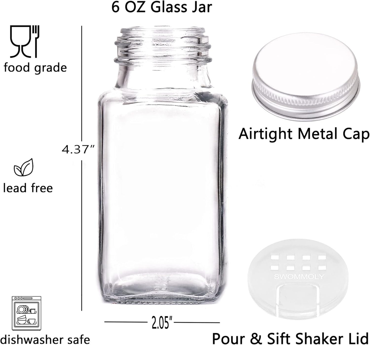 SWOMMOLY 30 Glass Spice Jars 6 oz Empty Square Spice Bottles with 703 Spice Labels, Chalk Marker and Funnel Complete Set. 30 Spice Containers with Airtight Cap, Pour/sift Shaker Lid