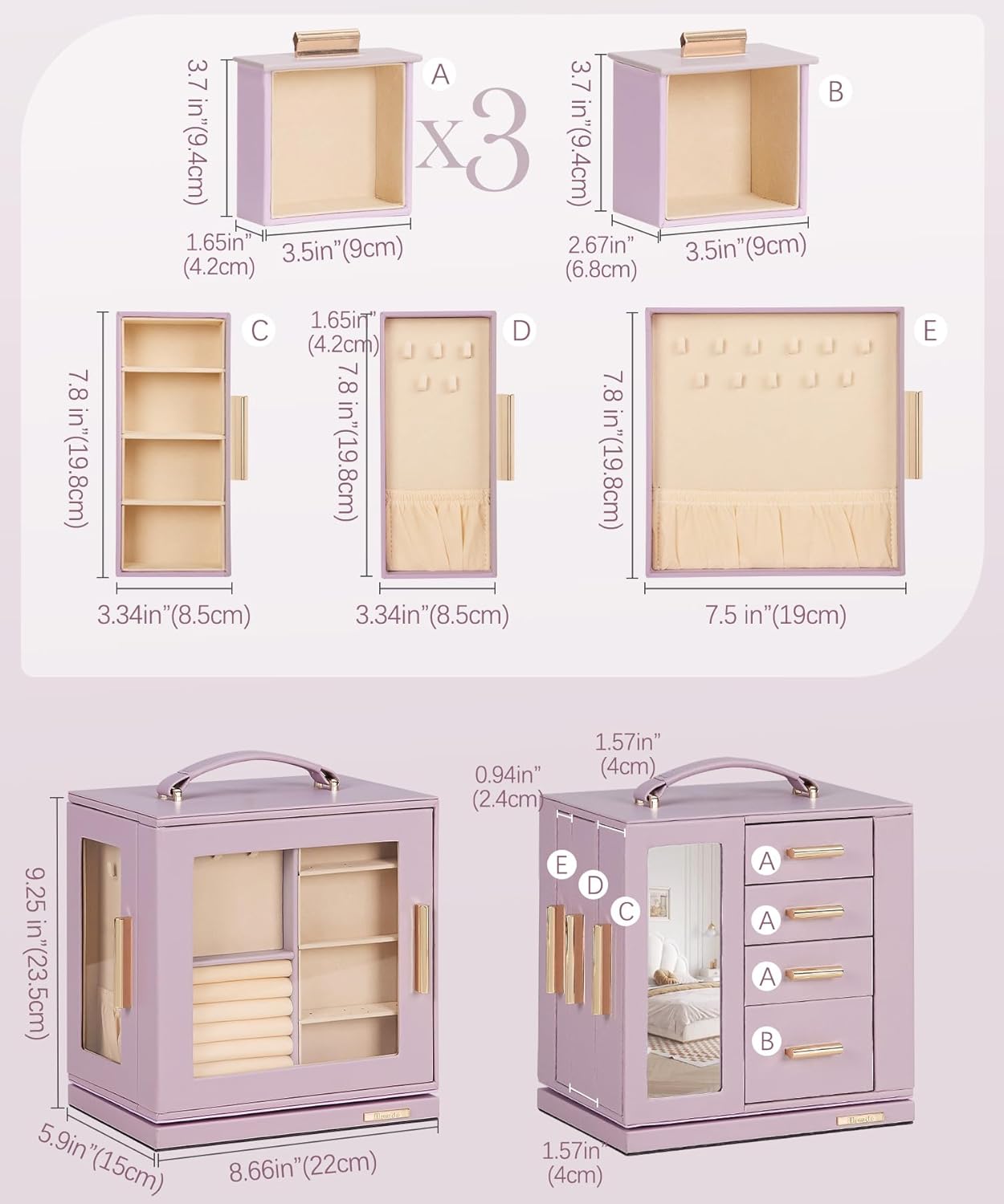 Homde Christmas Gifts Jewelry Box 360° Rotating, Necklace Earring Organizer with Transparent Window, Mirror, 7 Drawers, Large Ring Display Storage Case for Girls Women (Grey Purple)
