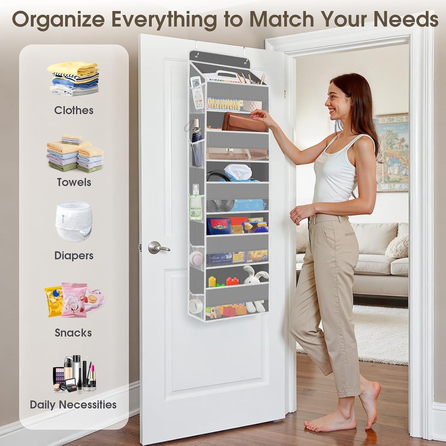 2 Pack Over The Door Organizer, Hanging Storage Organizer with Clear Window, 40lb Ultra Sturdy Large Capacity Room Organizer for Pantry Laundry Bathroom Nursery Closet (Grey)