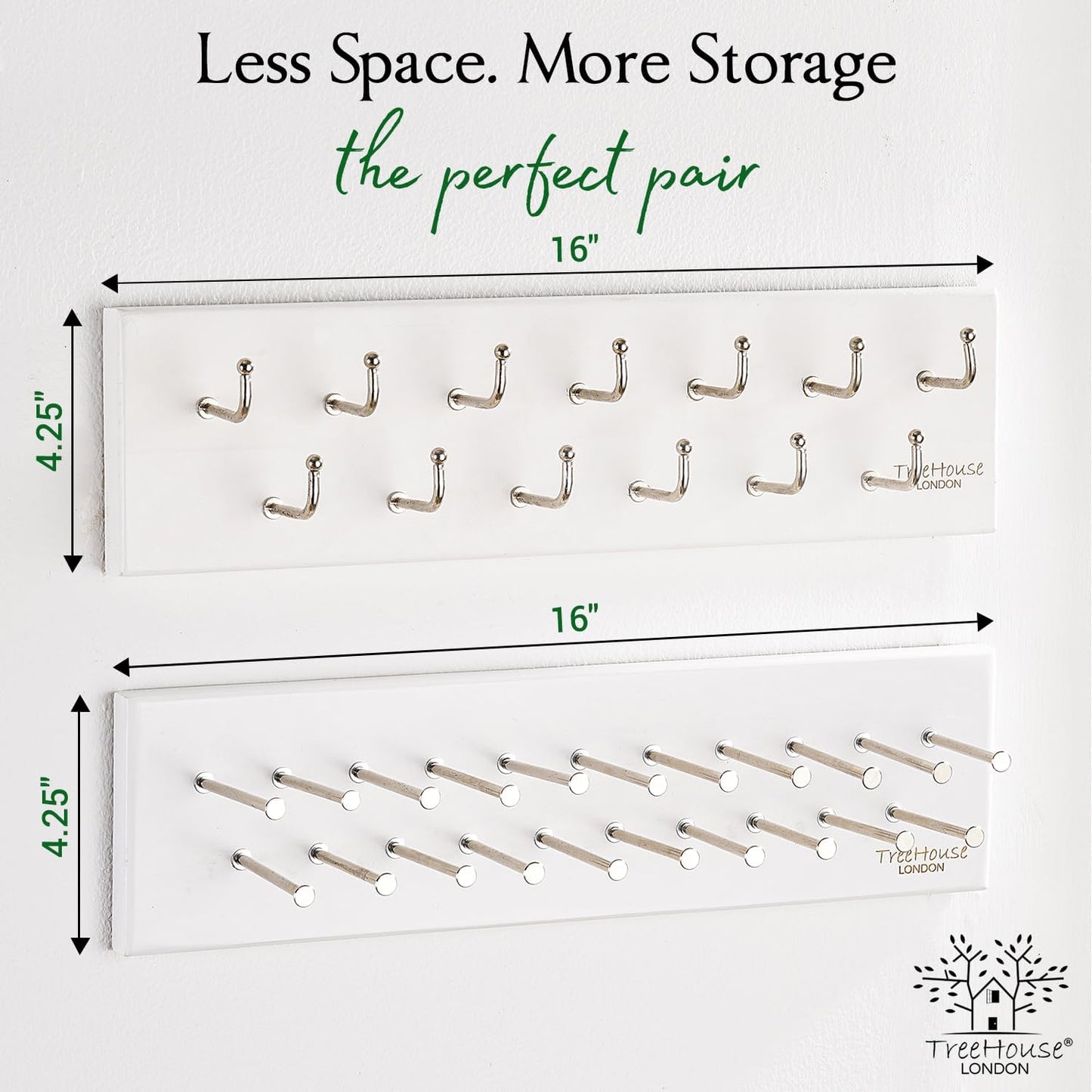 TreeHouse London Tie Rack Organizer – Holds 40 Large Ties – Solid Wood & Sturdy Metal Storage Holder for Closet – Wall Mounted Tie Display Hanger for Wall, Bedroom (White) 16''L x 4.25''H