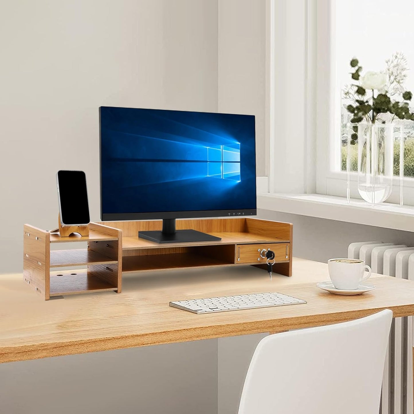 Wood Computer Monitor Stand for Desk Monitor Riser with Drawers & Lock Monitor Stand Organizer Desk Storage Shelf Desk Accessories & Workspace Organizers for Home Office (1 Drawer)
