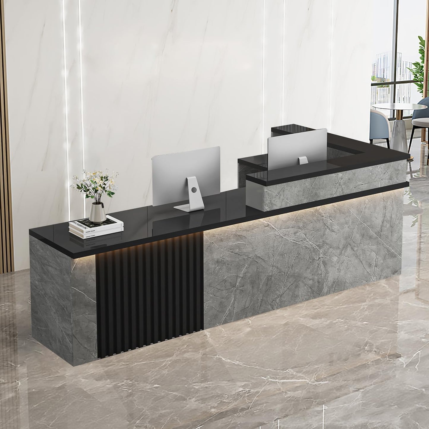 Receptionist Desk with LED Light，Wooden Salon Checkout Counter with Storage Drawer & Keyboard Tray Modern L-Shaped Reception Desk for Barbershop Office Company Store