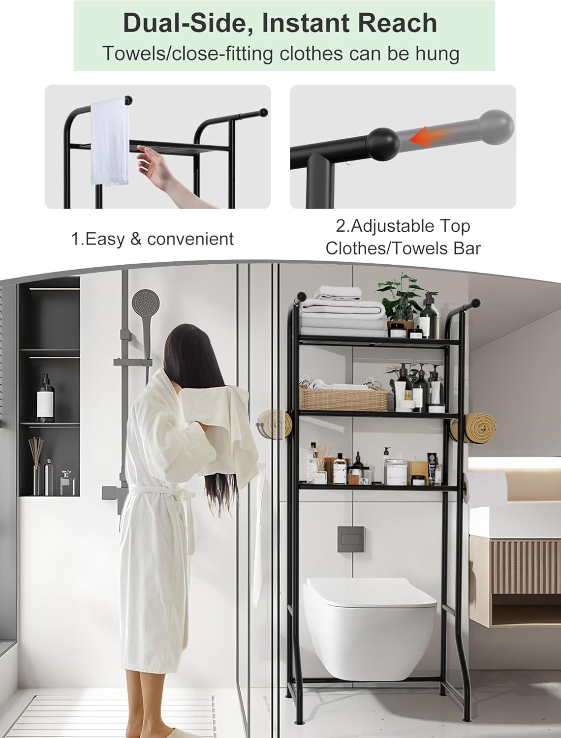 3-Tier Over The Toilet Storage Shelf，Bathroom Organizers and Storage Over Toilet，Metal Bathroom Space Saver with 2 Bars，1 Paper Holder and 4 Hooks,Black