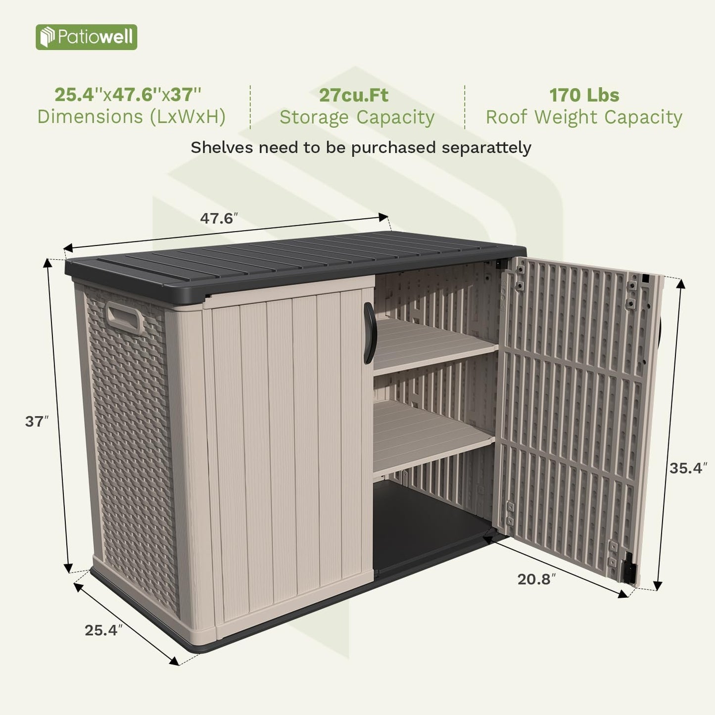 Patiowell 26 cu.ft Plastic Outdoor Storage Shed, Lockable Waterproof Resin Outdoor Storage Cabinet Tool Shed for Garden Tools, Garbage Cans, Pool Supplies, Beige(Not Include Shelves)