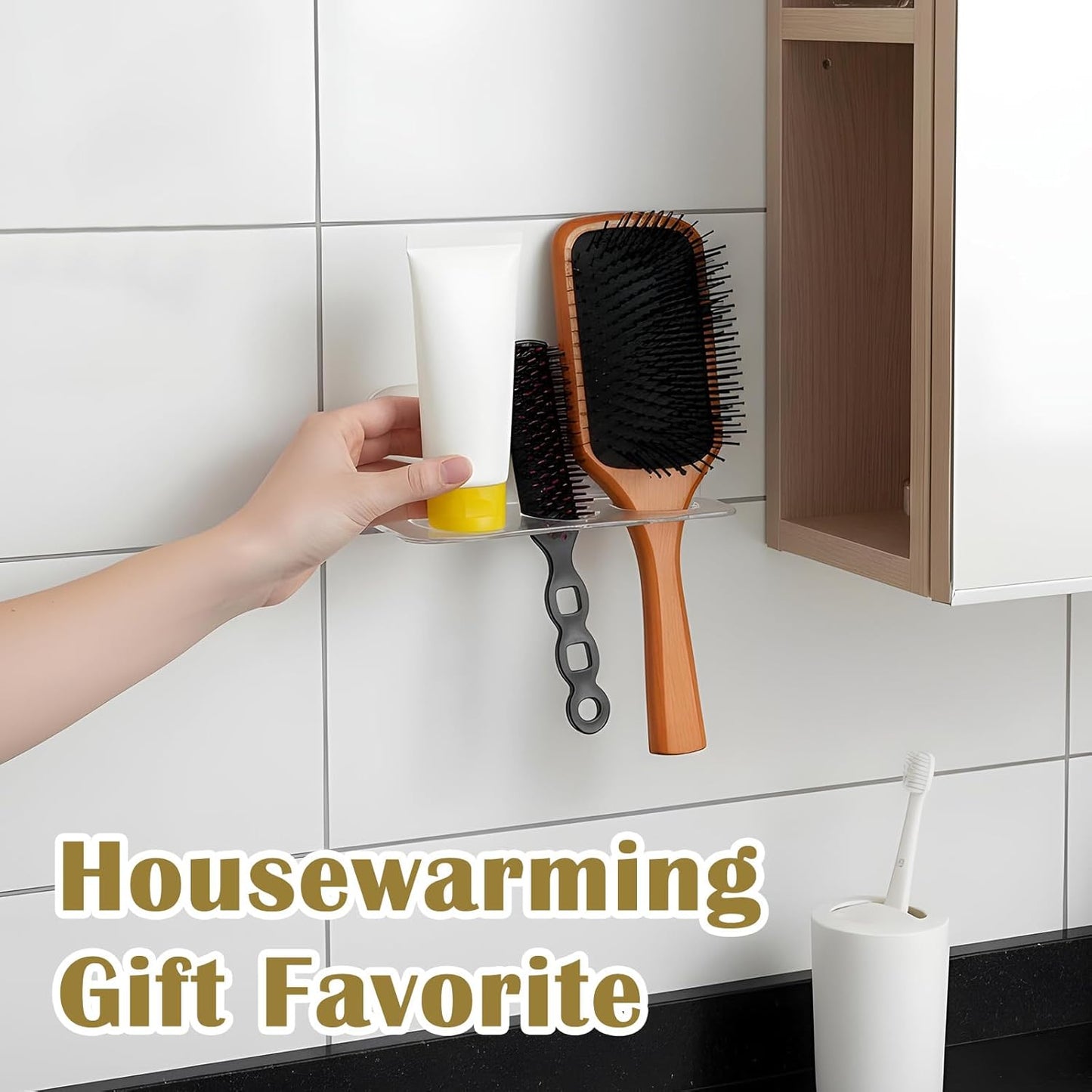 Bathroom Hair Brush Holder Wall Mounted Hair Brush Organizer with 3 Holes Non Perforated Wall Mounted Shaver Storage Rack for Combs, Curling Irons, Razors