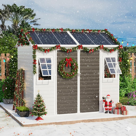 8x6 Shed, Heavy-Duty Outdoor Storage Shed with Floor, Waterproof Plastic Resin Garden Shed for Backyard, Tool Storage with Lockable Double Doors Awning Windows