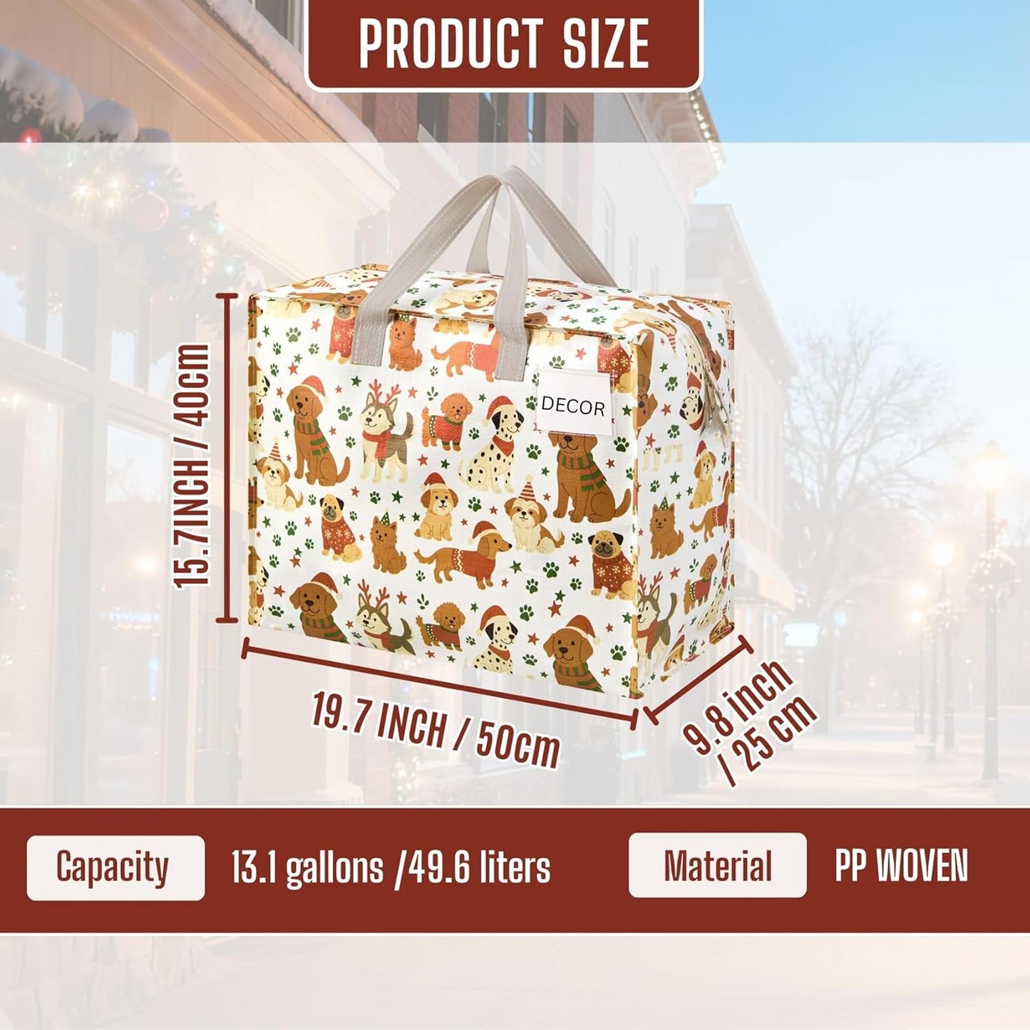 VENO 4 Pack Heavy Duty Moving Bags, Storage Bags, Packing Supplies, Top Zipper, Storage Totes for Camping, Clothes, Bedding, Comforters, Pillows, Christmas Pattern (13 Gallon, Holiday Pups, 4 Pack)