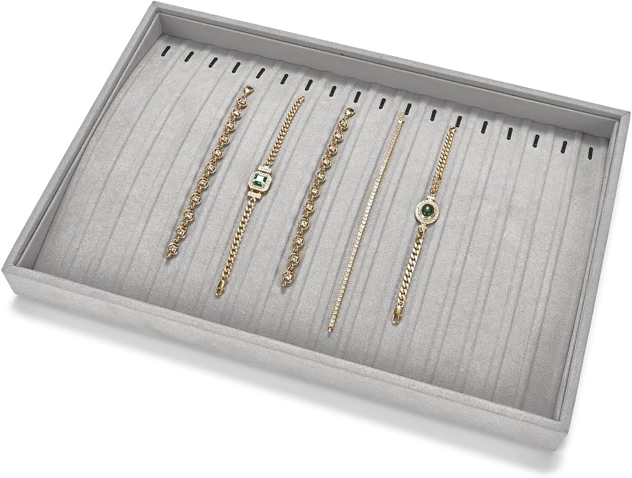 18Slots Necklace Braclet Tray Velvet Jewelry Trays Microfiber Jewelry Drawer Organizer for Necklace, Bracelets,Watch Storage Display (Grey)