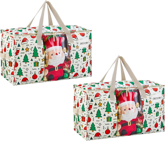 VENO 2 Pack Moving Bags, Large Christmas Storage Bins with lids, Packing Supplies for College, Alternative to Moving Boxes, Foldable, Heavy-Duty Tote, Christmas Pattern (Jingle Mix, 2 Pack)